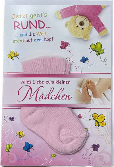 HOME FASHION Glückwunschkarte Wilkommen Baby Mädchen - Paar rosa Socken - Grußkarten, Ideal als Geschenk