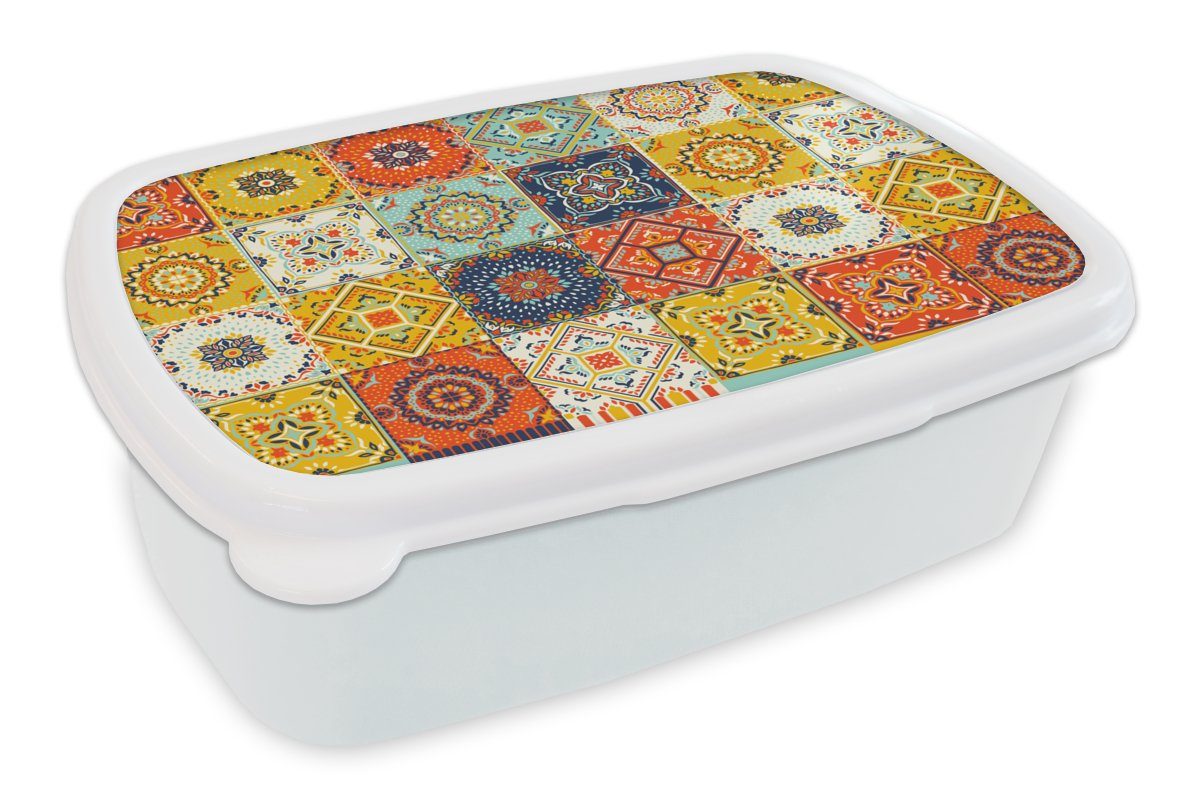 MuchoWow Lunchbox Vintage - Blumen - Muster - Weiß - Orange, Kunststoff, (2-tlg), Brotbox für Kinder und Erwachsene, Brotdose, für Jungs und Mädchen