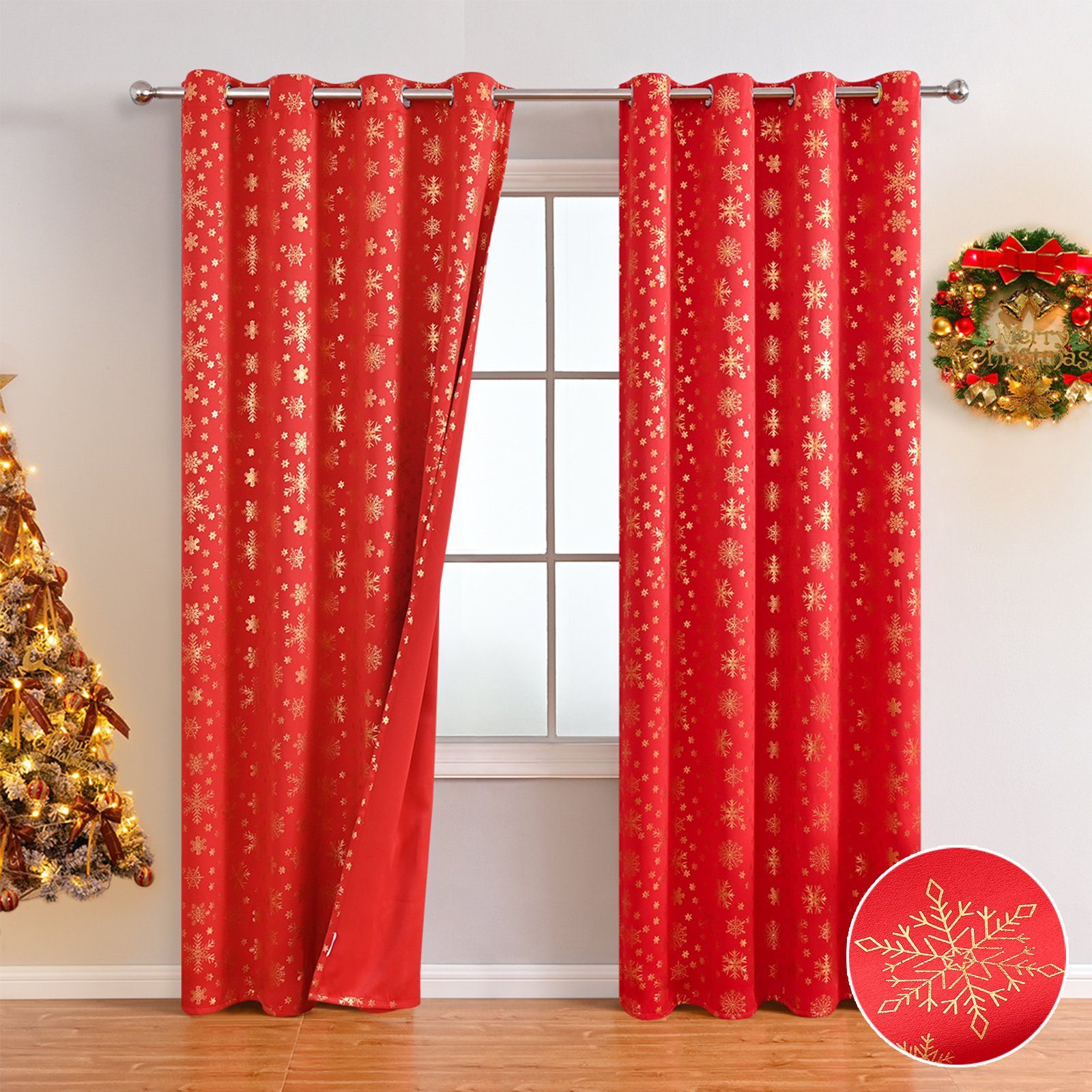 Scheibengardine Weihnachten Fenster Vorhang, Verdunkelung, Goldprägung Schneeflocke