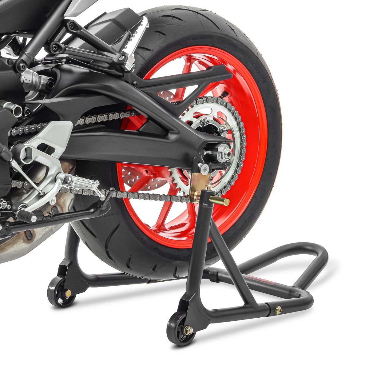 ConStands Motorradheber Set: # Basis Hinterrad Montageständer schwarz matt + Motorrad Prismabu