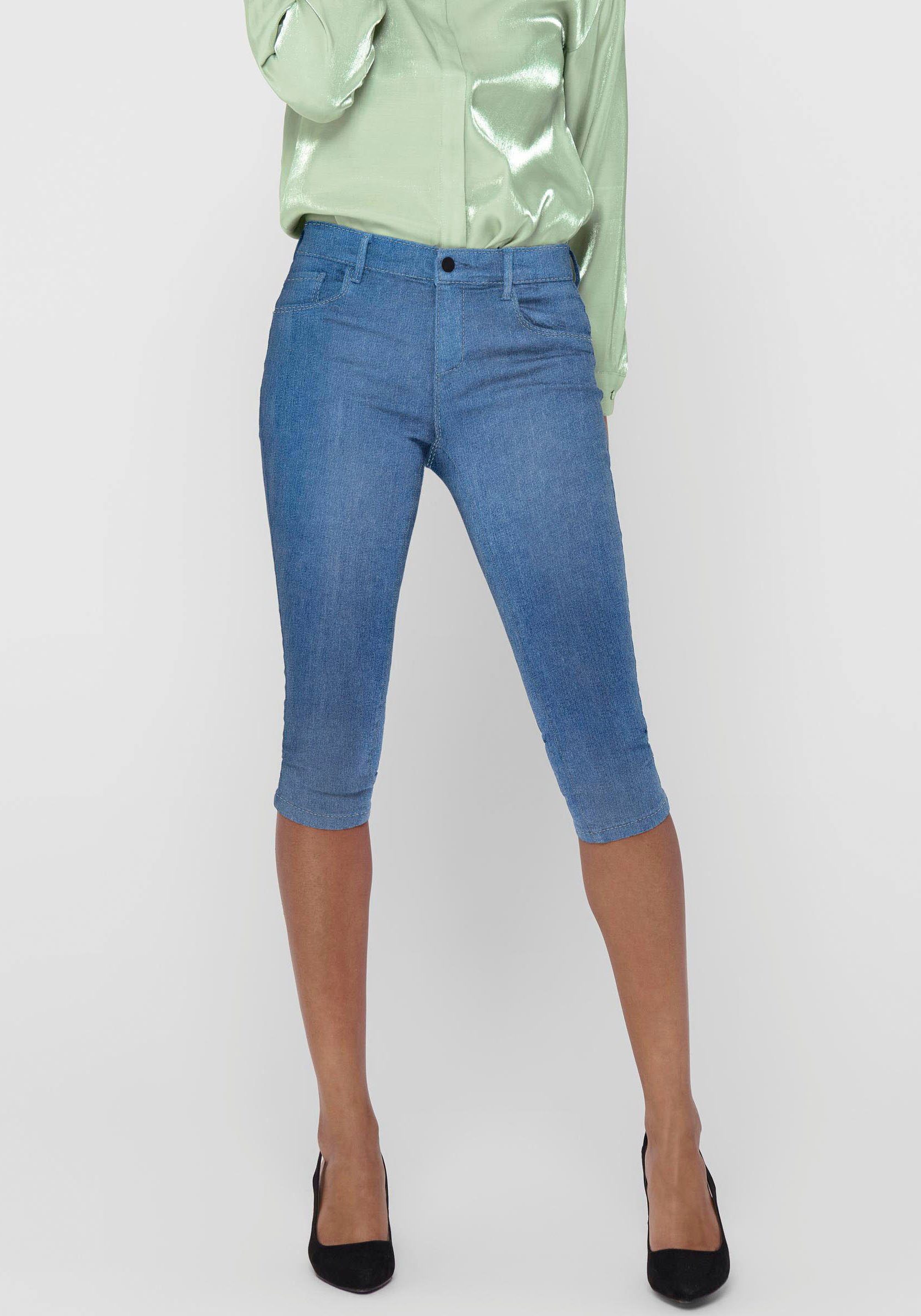 Mädchen Kinder stretch Denim Jeans 3/4 Capri Shorts mit weißem Gürtel Blau 