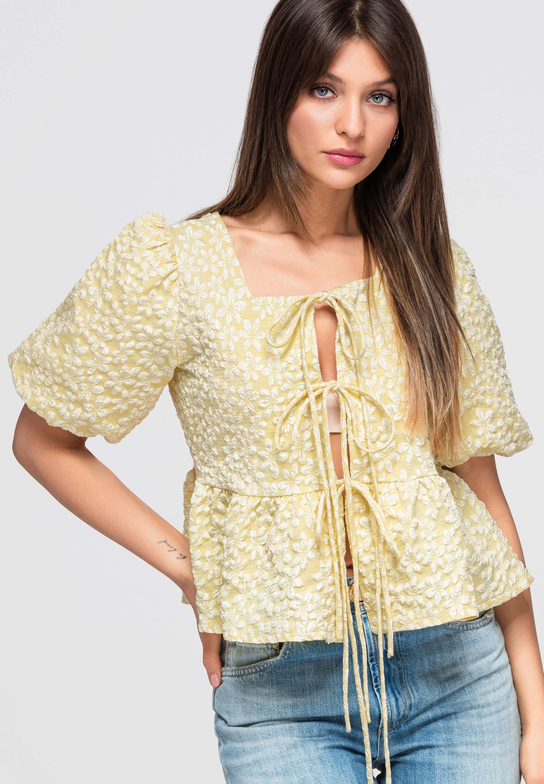 OMBRE Hemdbluse Damen Bluse mit quadratischem Ausschnitt im romantischen Stil Gelb M (kein Set, 1-tlg)