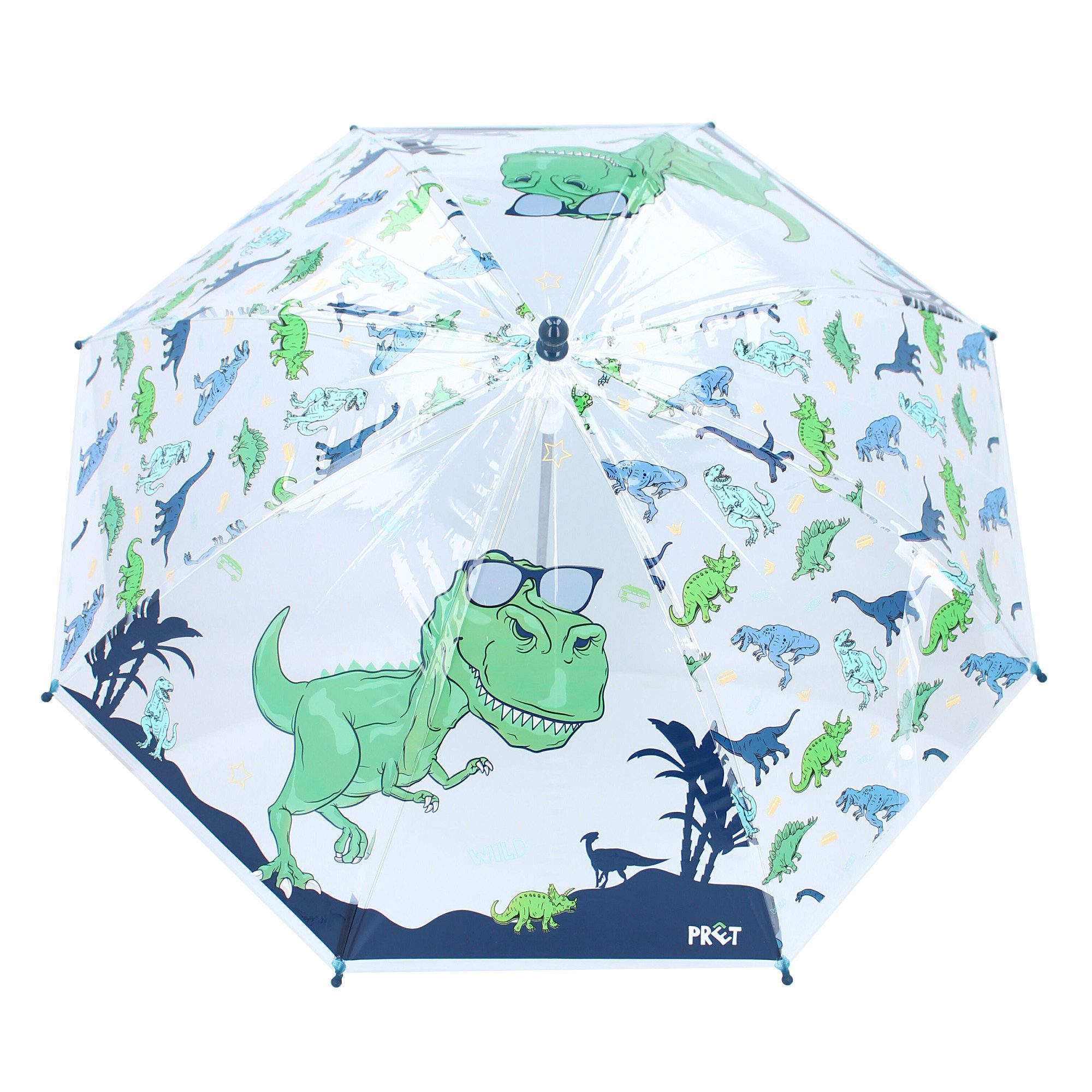 Vadobag Regenschirm-Wanderstock Prêt Kinder-Regenschirm ⌀ 71 cm Dino-Design, blau & durchsichtig