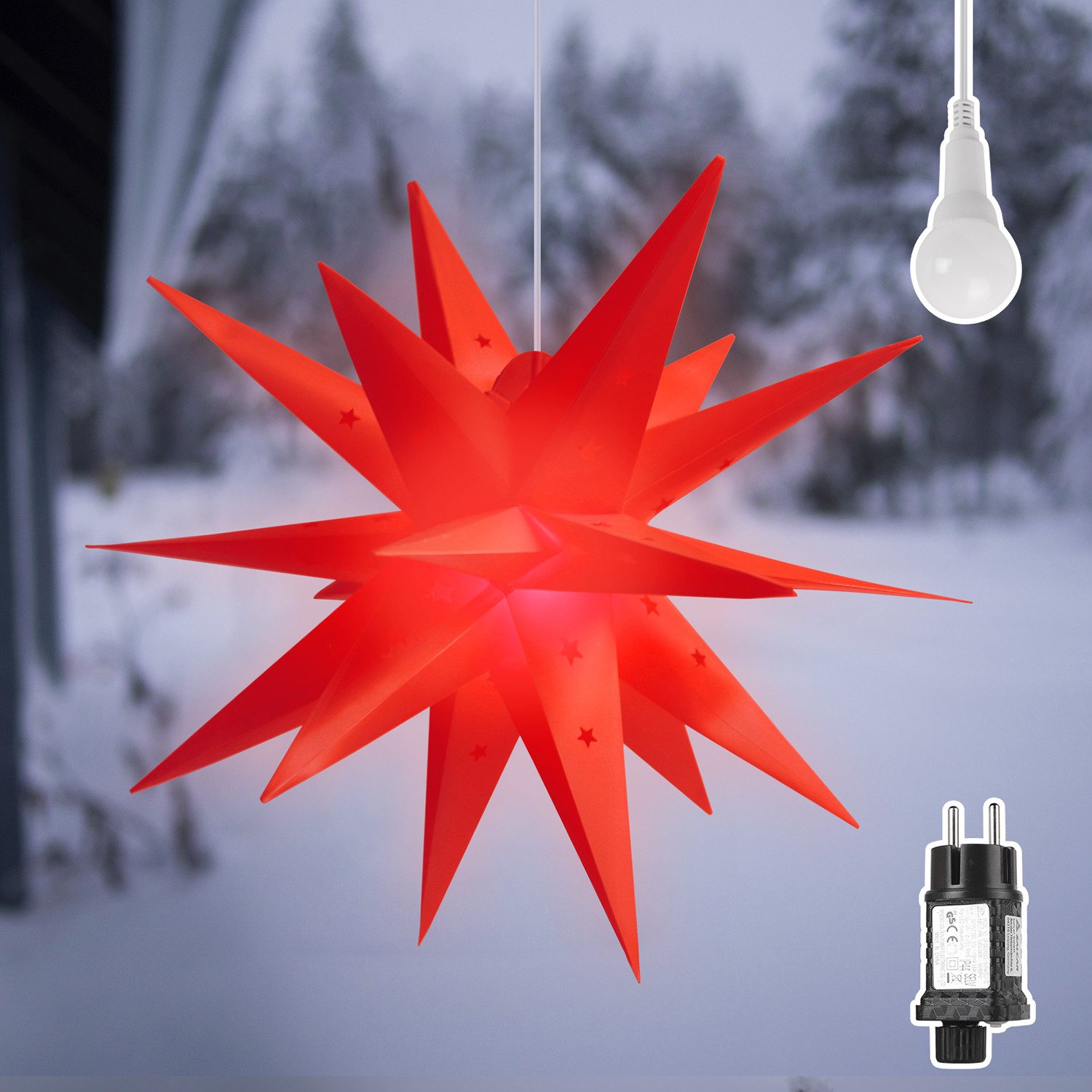 Salcar LED Dekolicht 60cm 3D Papierstern Beleuchtet LED Stern Weihnachtsdekoration Fenster, Weihnachtsstern Hängend mit 18 Spitzen, Rot