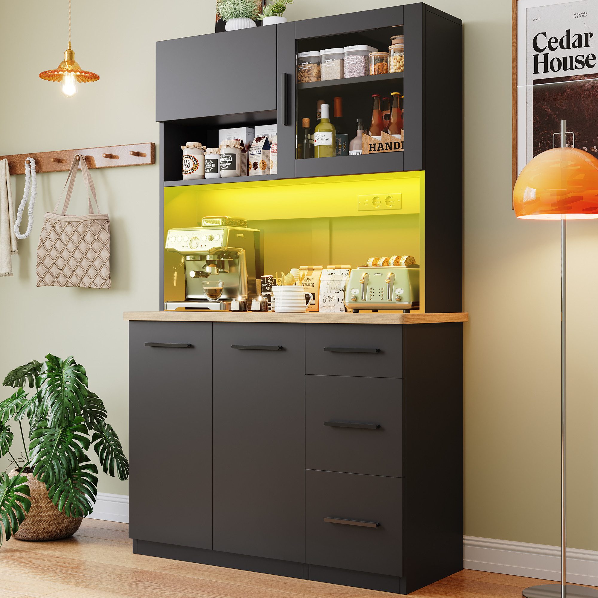 HOMALL Küchenbuffet Hohe Schränke, Küchenzeilen, Sideboards, mit LED-Beleuchtung (Maße: 100 × 40 × 182 cm, mit 3 Schubladen + 3 Schranktüren + 1 offenem Staufach und Arbeitsplatte, 2 Steckdosen + 2 USB-Anschlüssen, mit verstellbaren Einlegeböden)