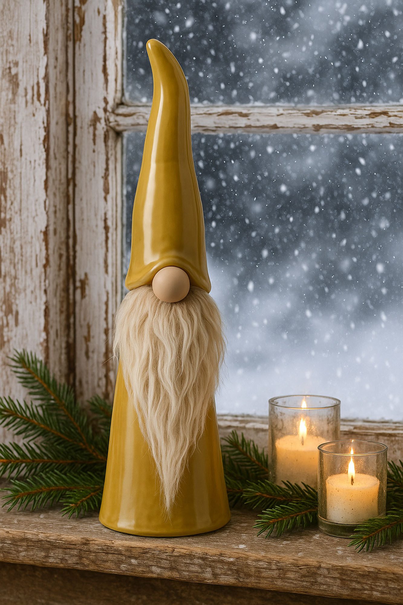 J-line Weihnachtsfigur Weihnachtsfigur Wichtel Porzellan ocker gold weiß Bart (1 St., 1 Stück), gemütliche Figur als Weihnachtsdeko