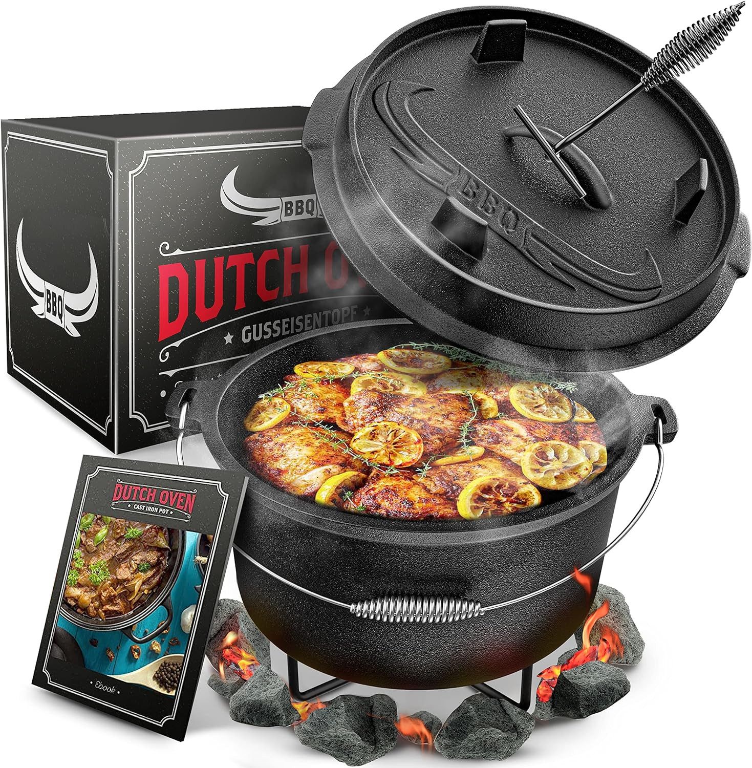 Amandi Feuertopf BBQ Dutch Oven Feuertopf - Gusseisen Set 7L für Grill & Lagerfeuer, Gusseisen, Voreingebrannt inklusive Topfständer, Deckelheber und E-Book