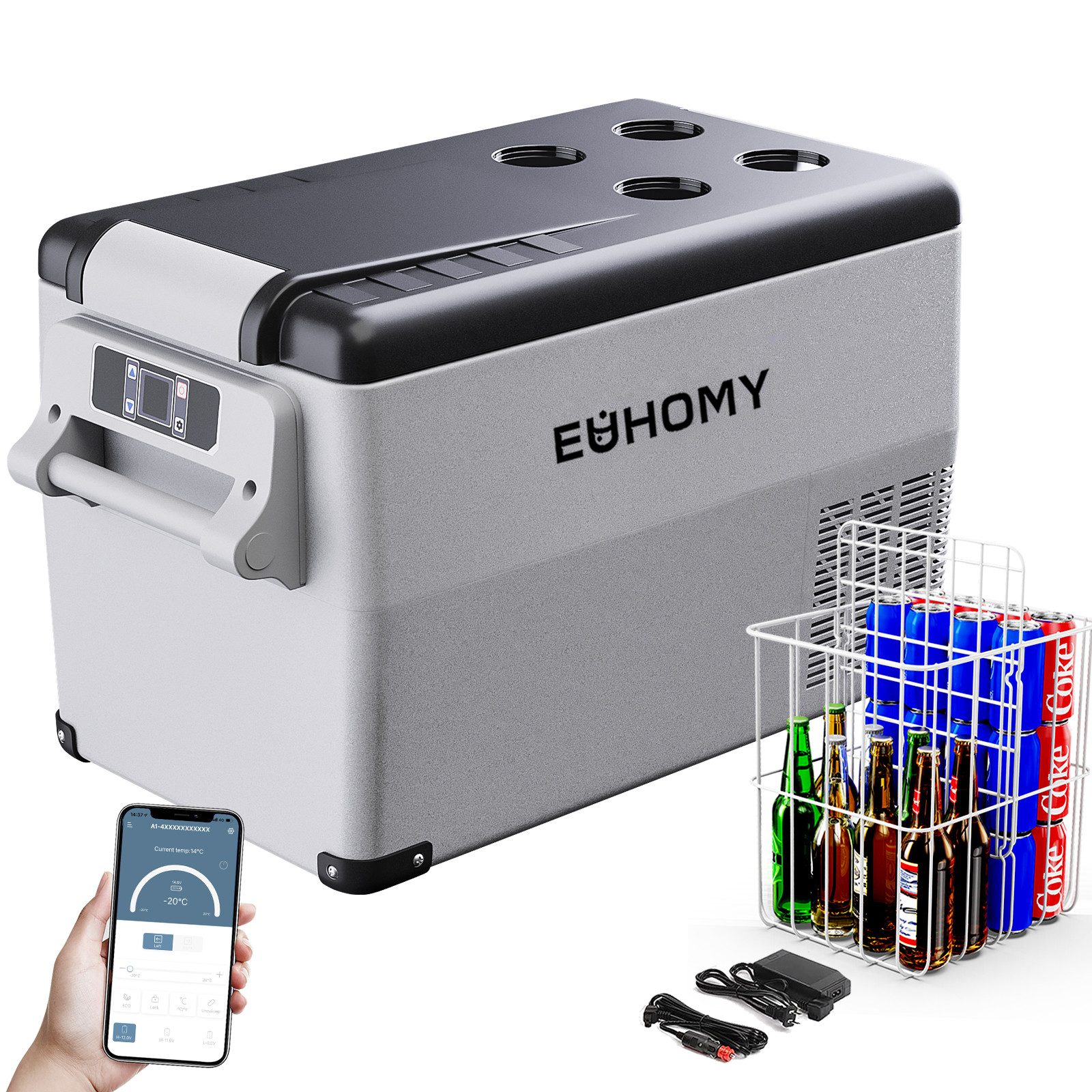 EUHOMY Kühlbox Auto-Kompressor-Kühlbox 49.4L,mit App-Steuerung,12 V/240 V Kühlschrank, 49 l, -20 °C bis 20 °C, Tragbarer Kühlschrank für Camping, Reisen und LKW