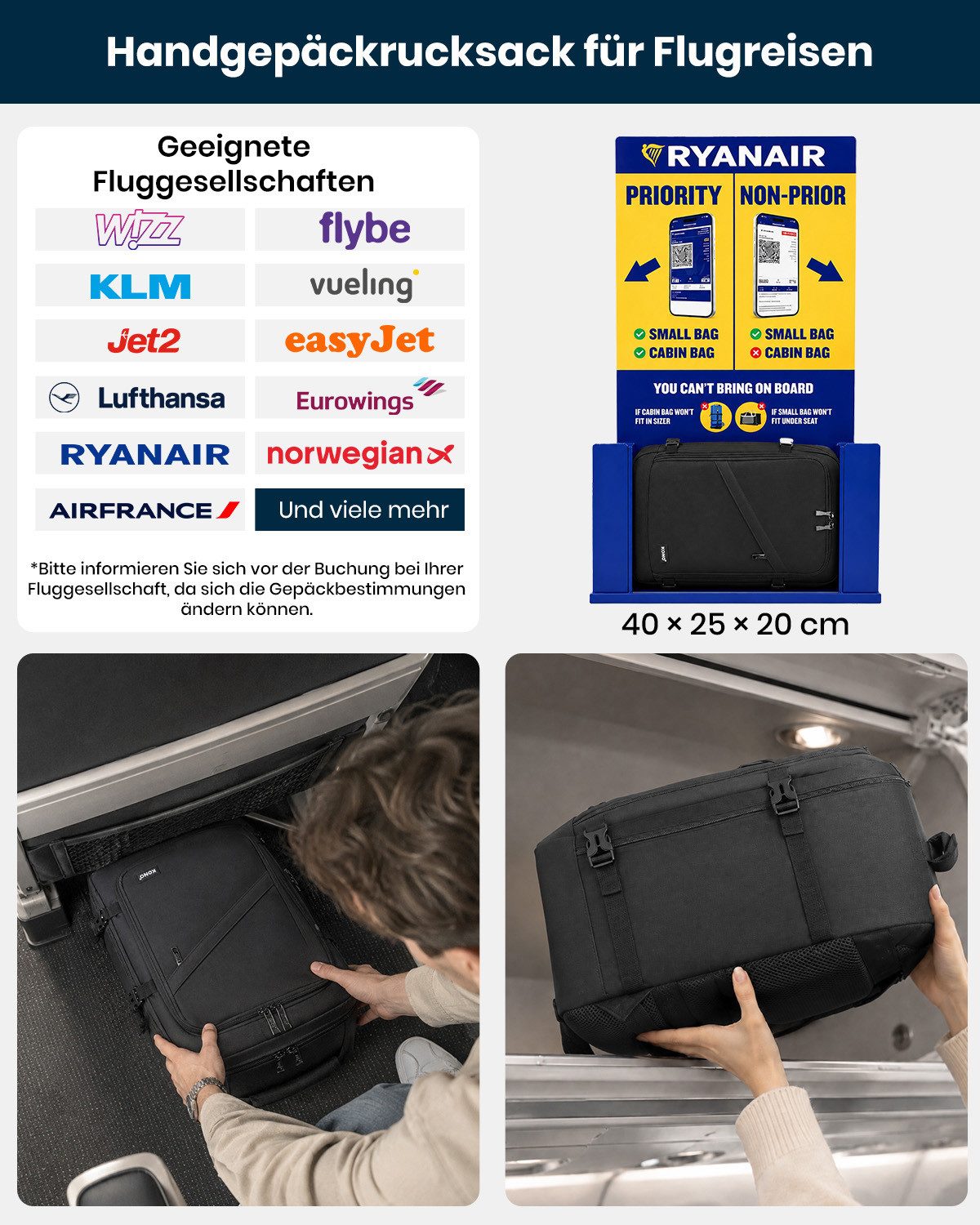 KONO Rucksack Handgepäck-Rucksack mit vielen Fächern Leichtgewicht – Bild 5 von 5