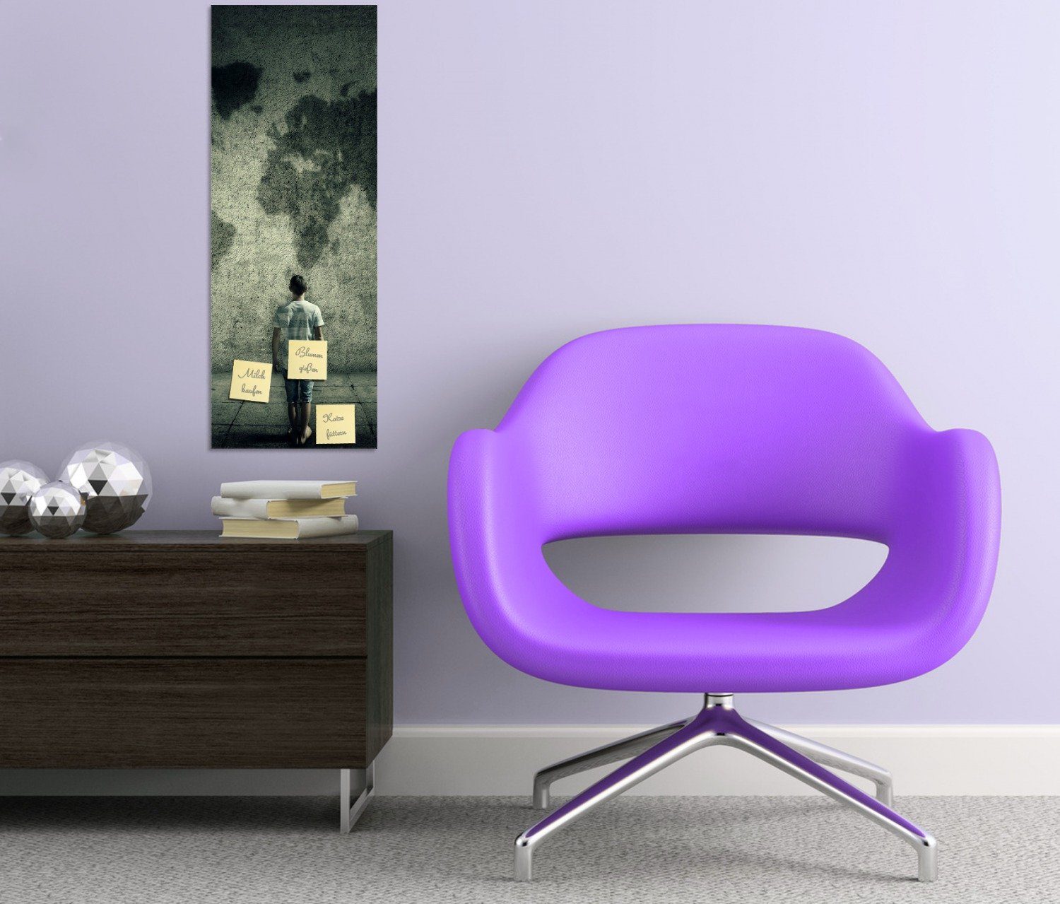 Wallario Memoboard Kleiner Junge vor Weltkarte an grauer Beton-Wand