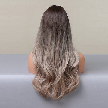 AUKUU Kostüm-Perücke Qi Qi Pony Farbverlauf Leinen grau weibliche lange Haare, natürliche Chemiefaser Perücke lange lockige Haarperücken