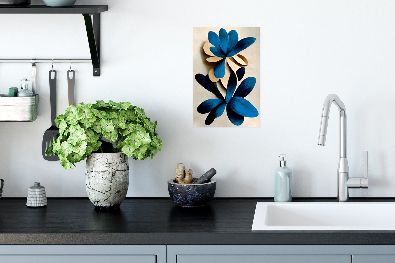 - Wandbild, St), für - MuchoWow Lilie, Blau Blätter Wohnzimmer, (1 Wandposter Poster Poster, Ohne - Rahmen Pflanzen