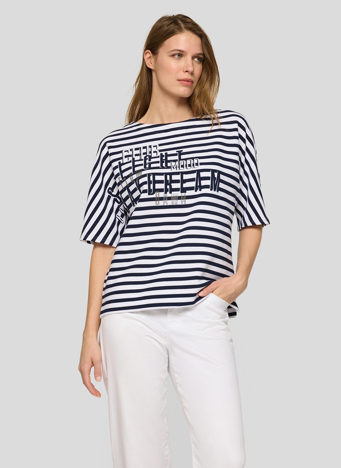 Rabe Rundhalsshirt im Streifen-Look und mit Glitzer-Druck