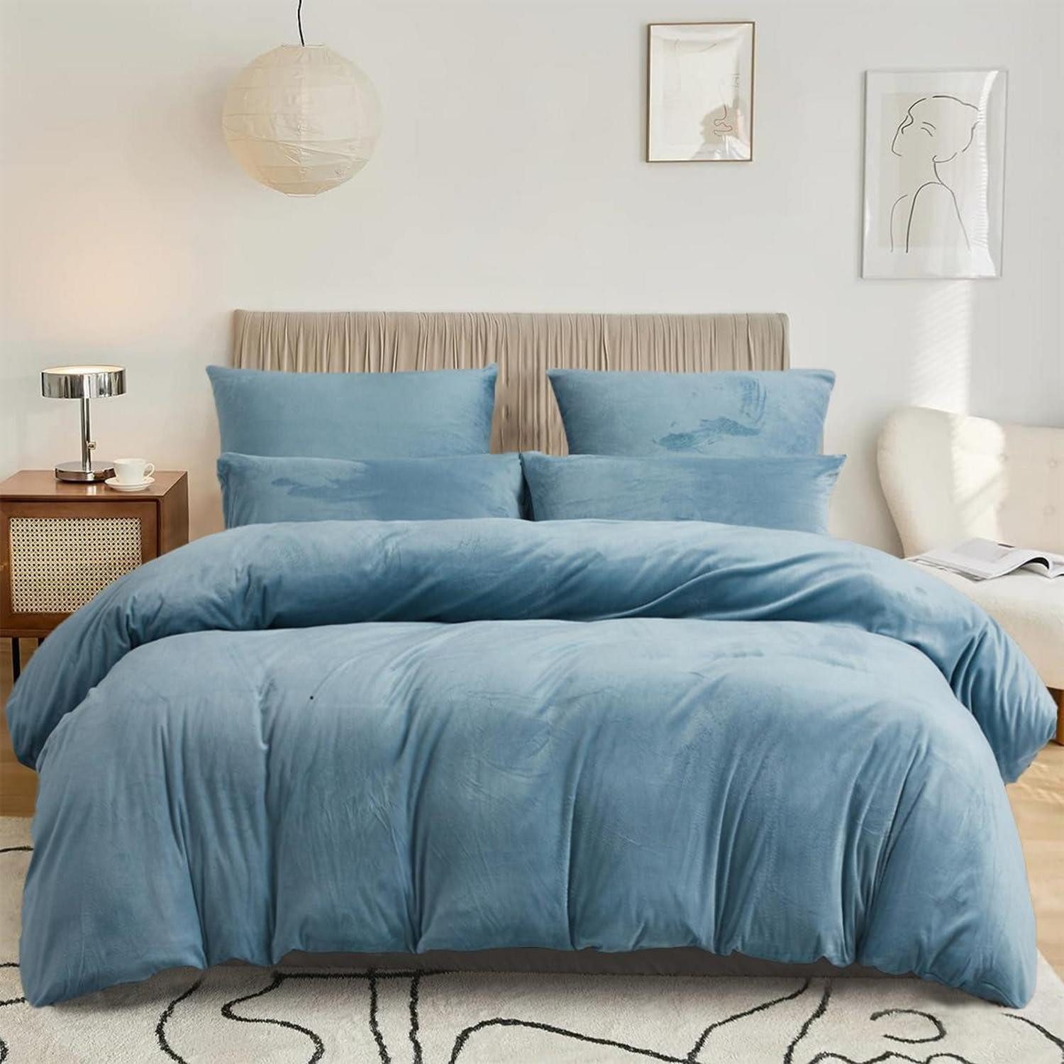 LuxusKollektion Wendebettwäsche Fleece Bettwäsche 220x240 Hellblau mit 2 Kissenbezüge 80x80