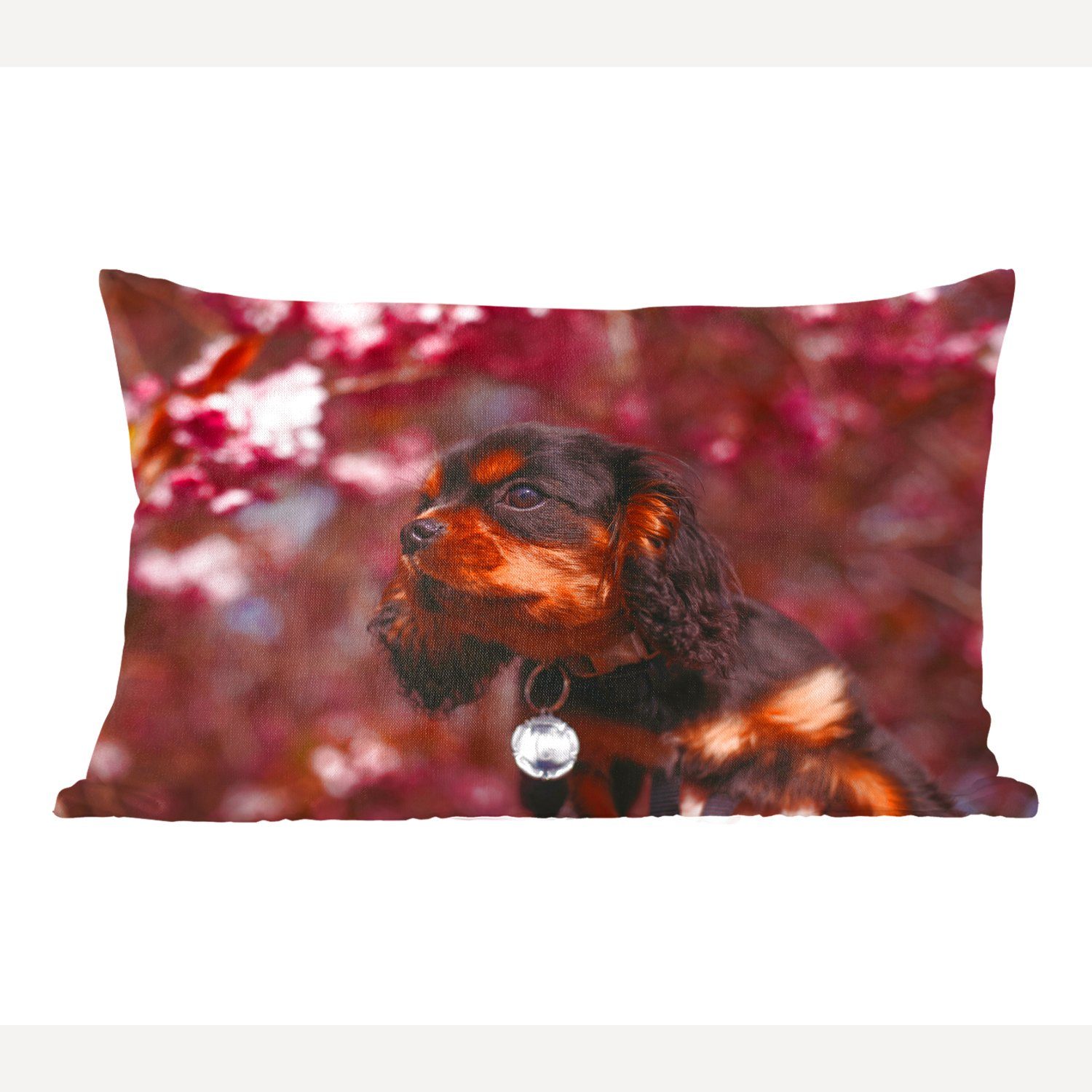 MuchoWow Dekokissen Rosa Blumen über dem Cavalier King Charles Spaniel, Wohzimmer Dekoration, Zierkissen, Dekokissen mit Füllung, Schlafzimmer