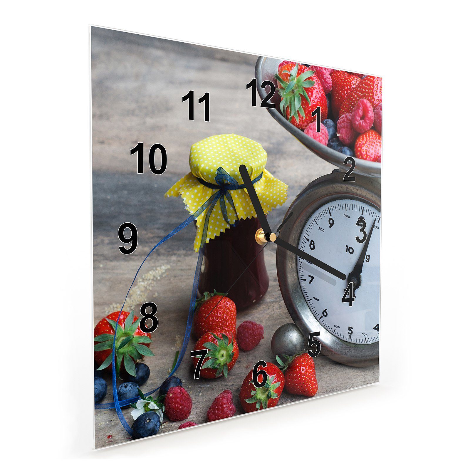 mit auf Wandkunst cm Küchenwage Beeren Wanduhr Wanduhr Motiv Glasuhr Primedeco 30 Größe 30 x