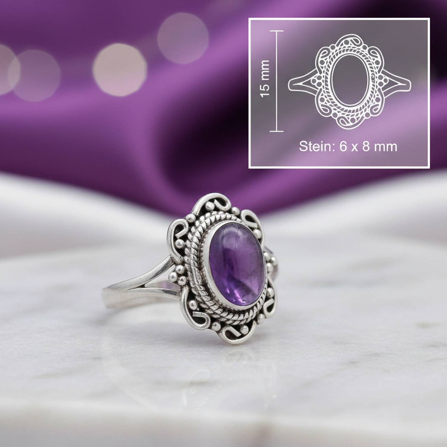 mantraroma Silberring BANGAWAN aus 925 Silber mit Amethyst (Ring mit Schmuckbeutel), Damenring aus 925er Silber