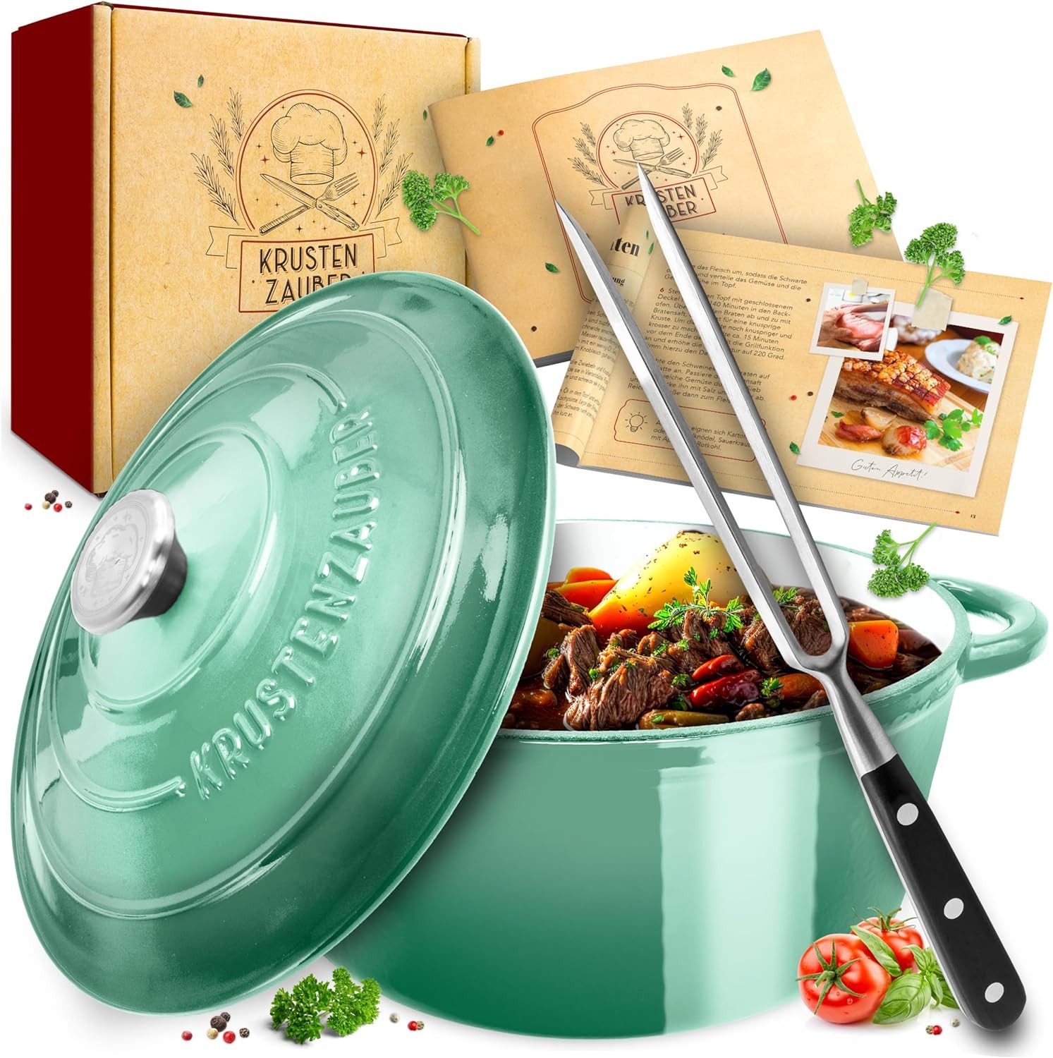 Krustenzauber Schmortopf Gusseisen Topf [inkl. Fleischgabel] backofengeeignet, (Idealer Кастрюли жаровни mit Deckel Backofengeeignet, Kochtopf Induktion, Emaille, Bratentopf Cast Iron)