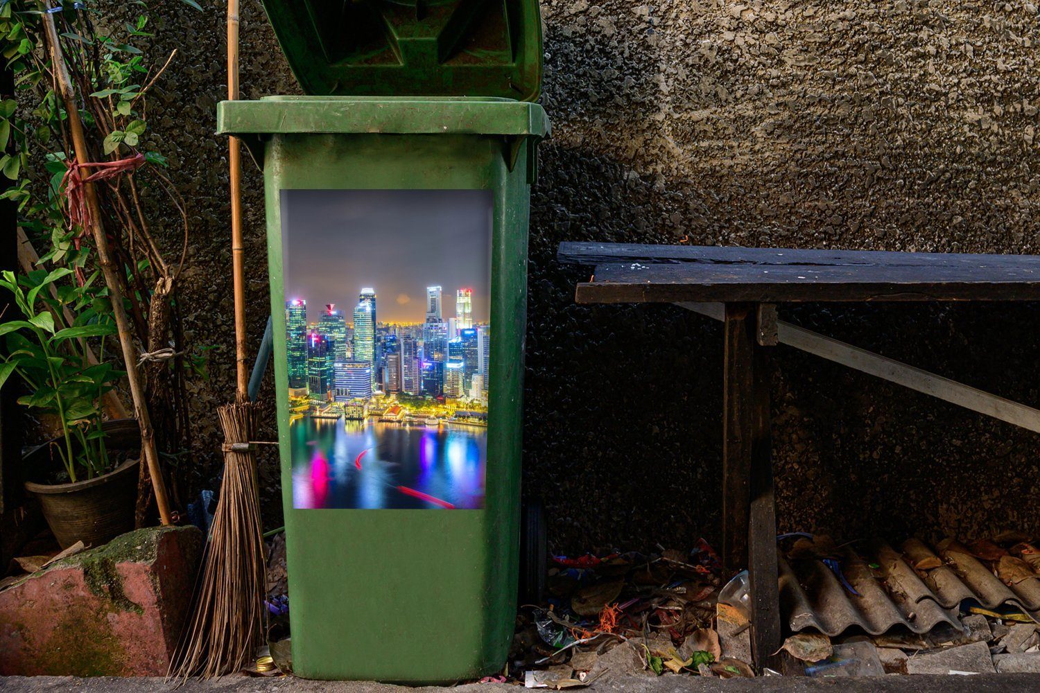 in Stadt Singapur Container, MuchoWow Mülleimer-aufkleber, Wandsticker der (1 Abfalbehälter St), Mülltonne, Wasser Sticker, Beleuchtetes