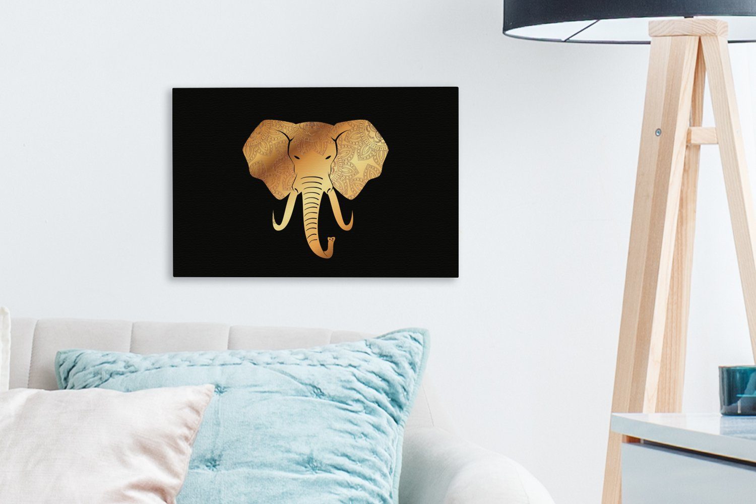 - Tasse 30x20 OneMillionCanvasses® Wanddeko, Aufhängefertig, Elefant cm (1 Leinwandbild Muster, - Leinwandbilder, - Gold St), Wandbild