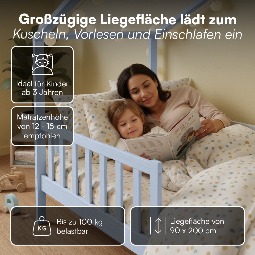 Bellabino Kinderbett Bia mit Rausfallschutz & Lattenrost (blau, optional mit Matratze), Kinderbett aus Kiefernholz, verfügbar in 80x160/90/120/140x200 cm – Bild 4 von 5