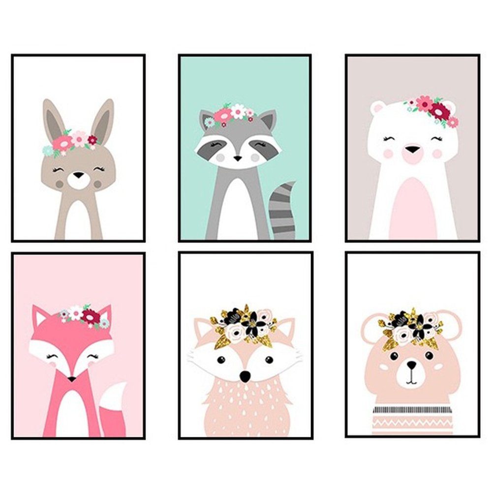Pippolipo Bild Плакат Babyzimmer Kinderzimmer Deko Wohnzimmer, (6er Set), A4 Kinderposter Kinderbilder Tiere Tiermotive Waldtiere