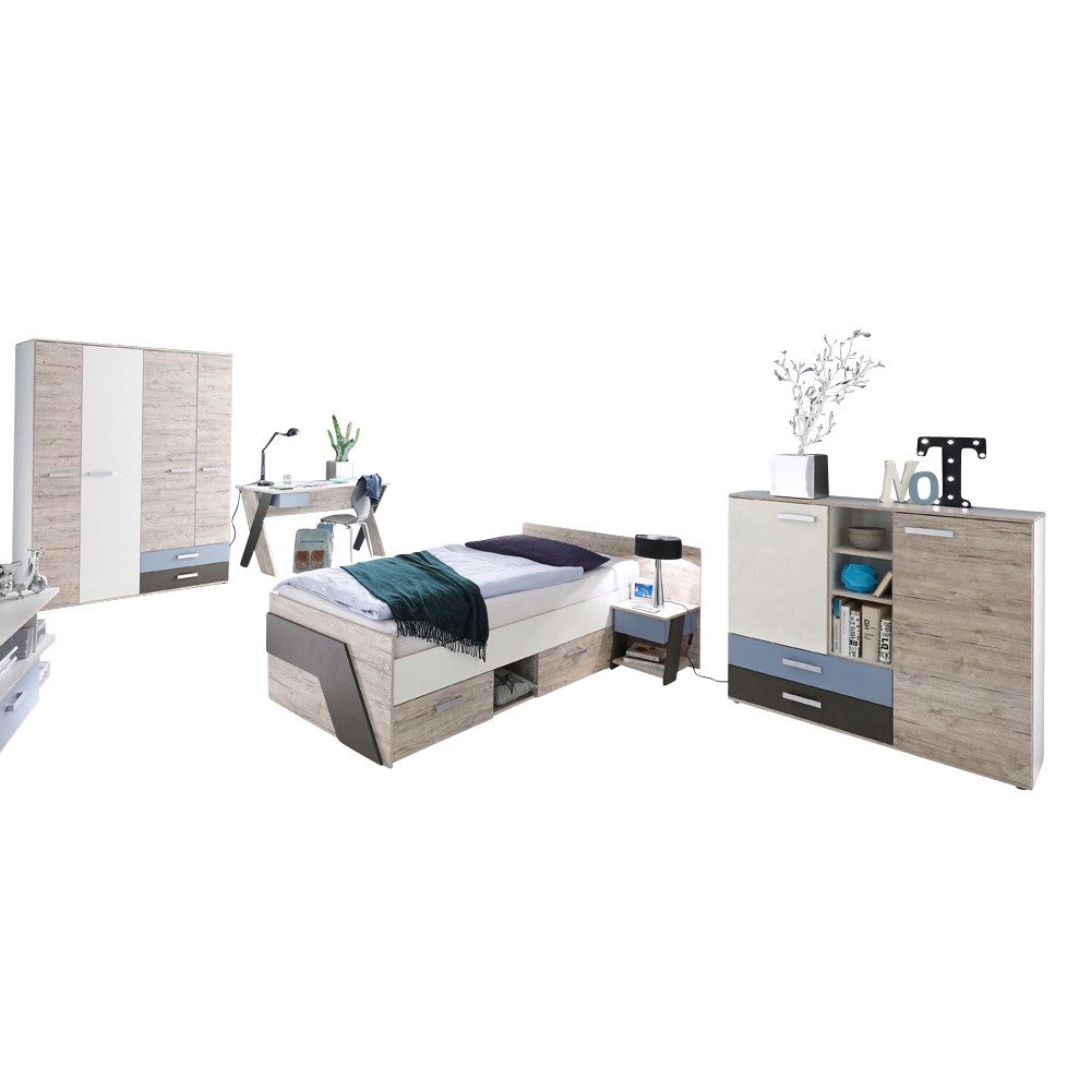 Lomadox Jugendzimmer-Set LEEDS-10, (Sparset, 5-tlg), Sandeiche Nb. mit weiß Lava und Denim Blau