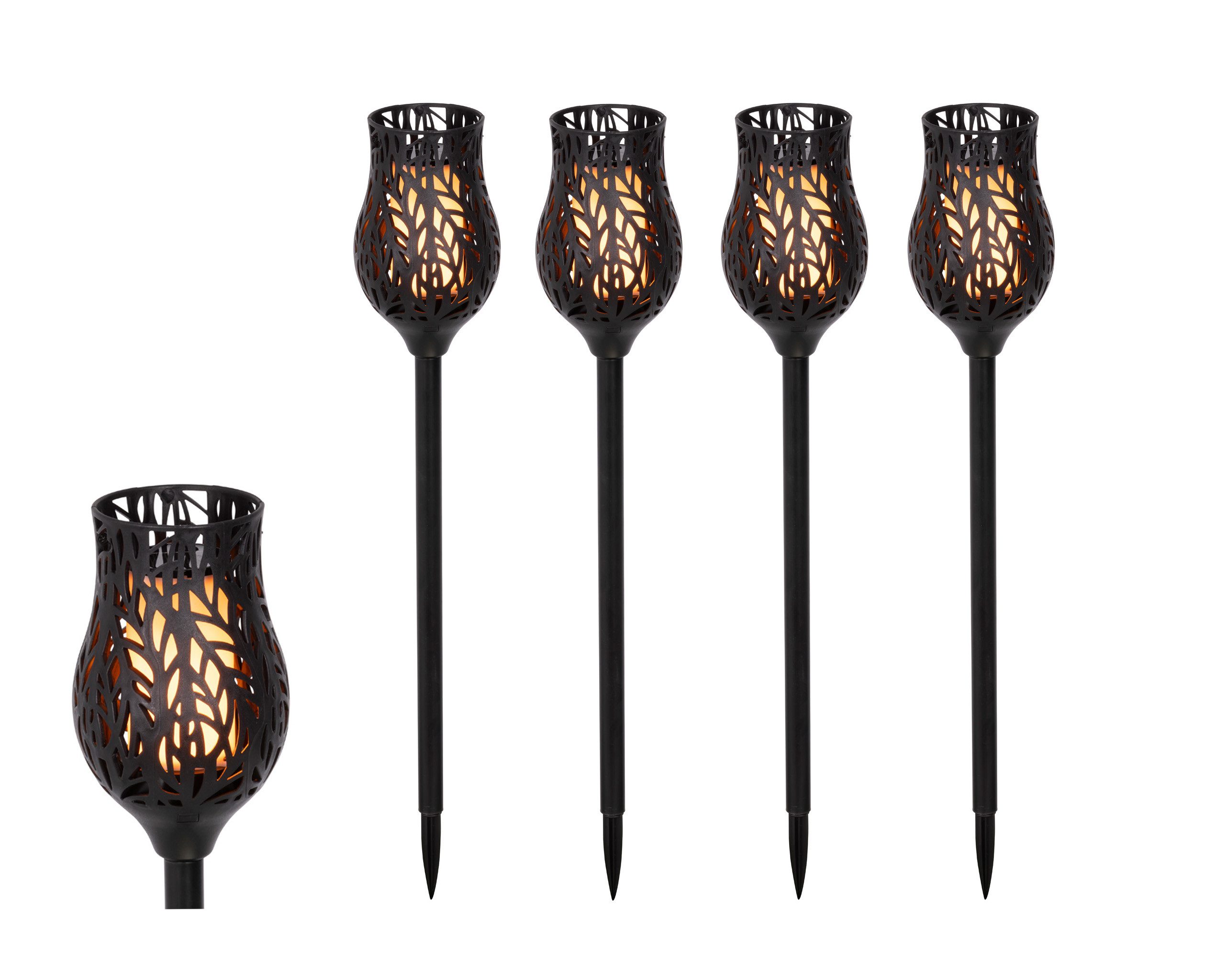 Lumineo LED Solarleuchte, Dauerlicht, klassisch warm, Solar LED Beleuchtung Fackel 42cm Kunststoff Flammenlicht 4er Set