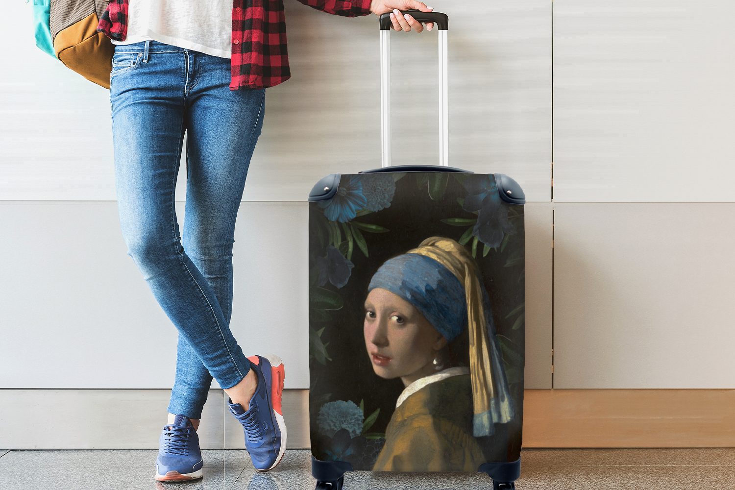 Ferien, mit Handgepäck für MuchoWow 4 Reisekoffer Handgepäckkoffer Mädchen mit Rollen, rollen, Blumen Trolley, - Vermeer Blau, - - Reisetasche Perlenohrring