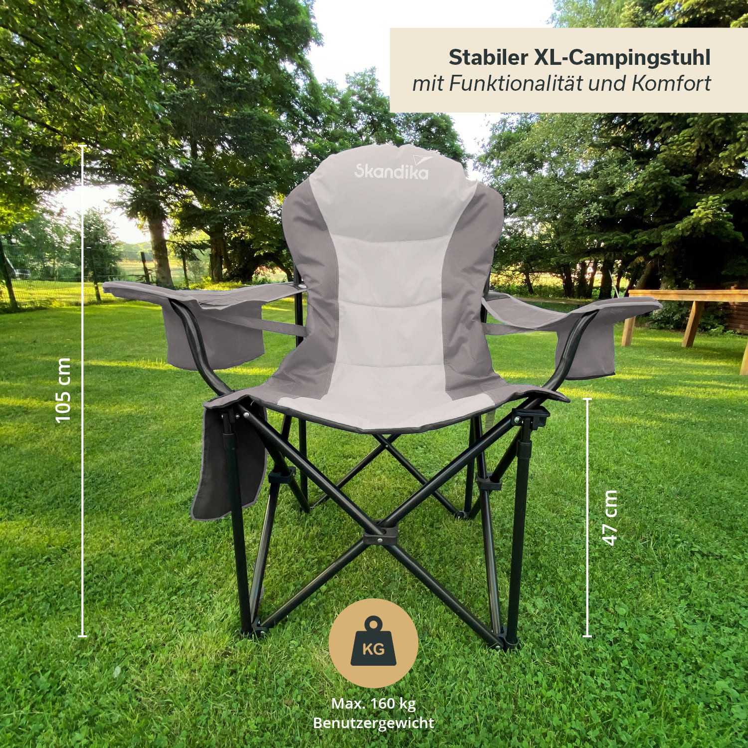 Skandika Campingstuhl Relax Comfort, Klappstuhl, Faltsessel, Anglerstuhl, Gartenstuhl (Max. Nutzergewicht 160 kg, Reißverschlussfach im Kopfteil, Tragetasche), Getränkehalter, Kühlfach, Seitentasche, Polsterfach, breite Sitzfläche
