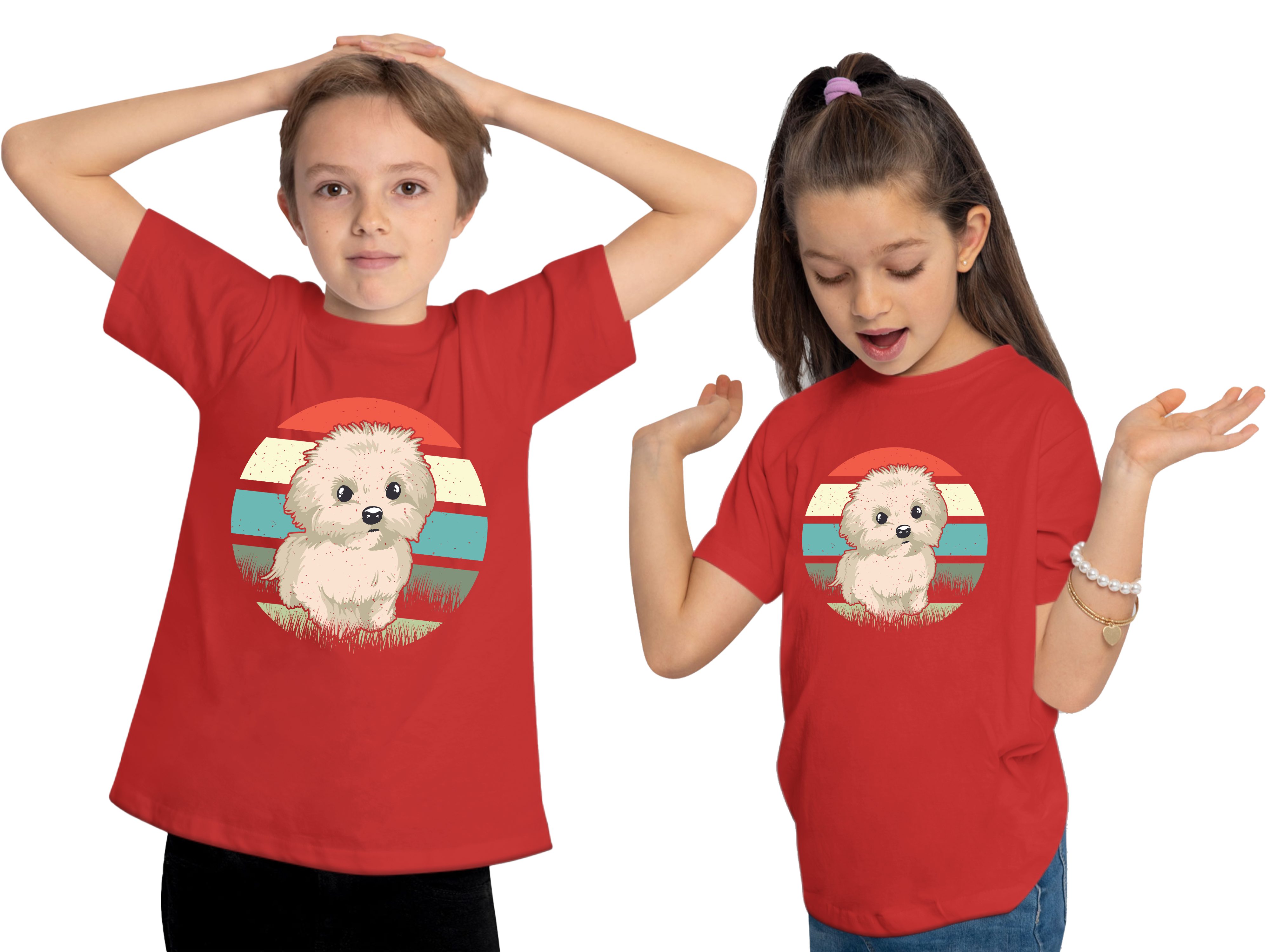 Welpen Print-Shirt - Retro bedruckt Malteser Aufdruck, Kinder MyDesign24 Baumwollshirt T-Shirt Hunde rot mit i242