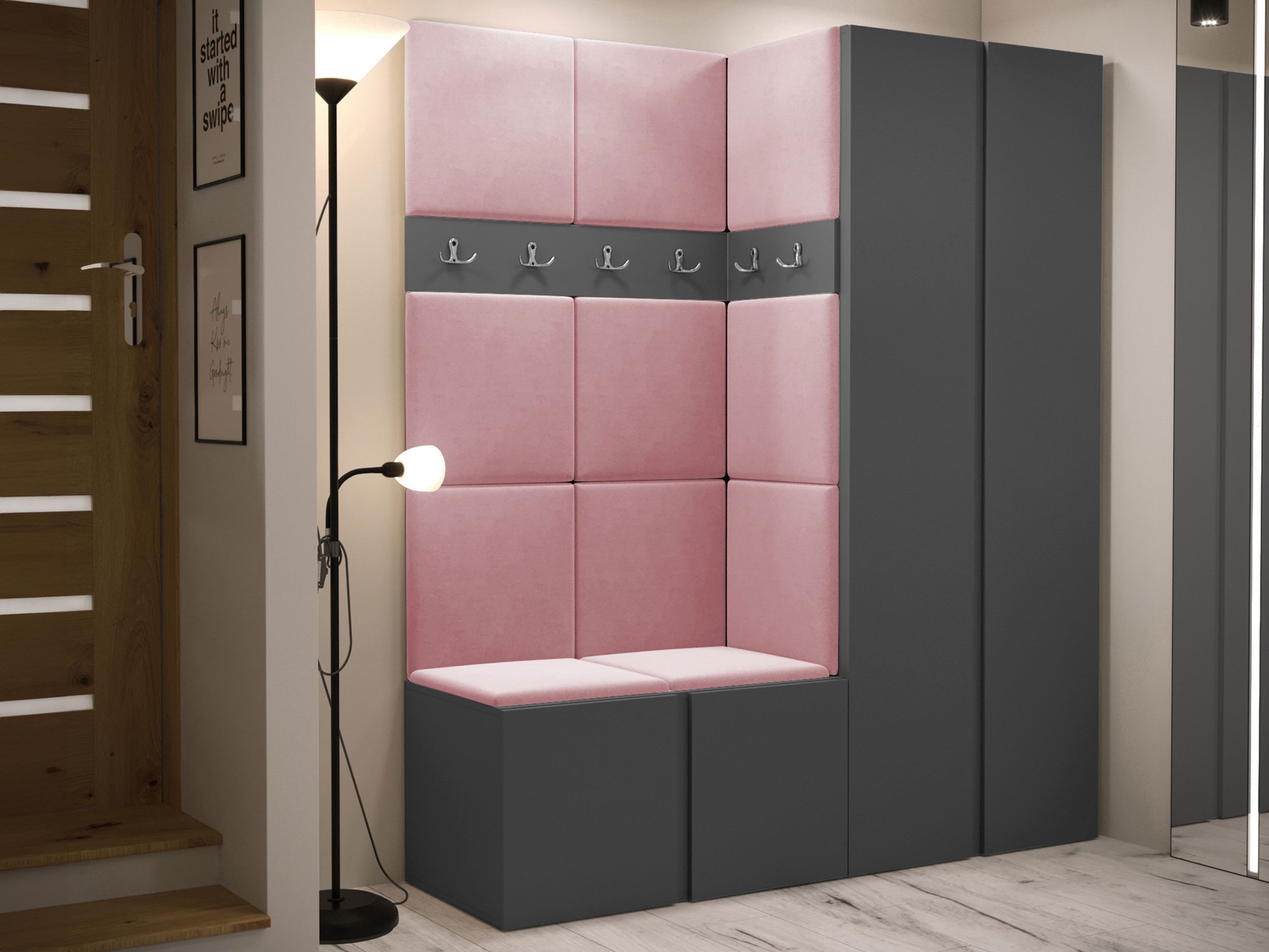 MIRJAN24 Garderoben-Set Orion III, (Komplett-Set, Kleiderschrank, Schuhschrank, 2x Kleiderhakenbrett, Paneel 11x 42x42), Auswahl aus Fronten und Polsterplatten