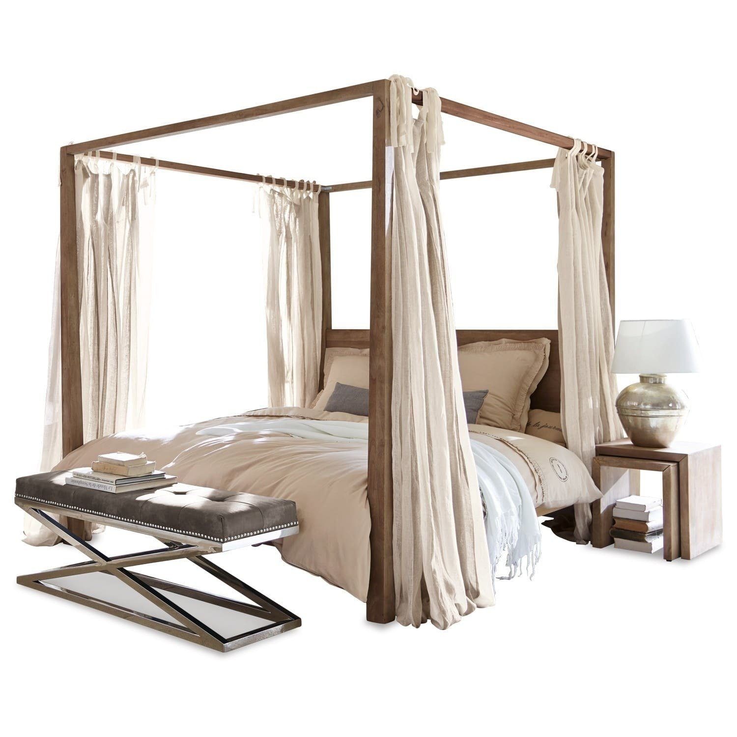 Mirabeau Bett romantisches Himmelbett Gestell Milo aus Mangoholz braun (kuschelig & komfortabel, Gestell aus Mangoholz), Holzbett, Mangoholz, antikbraun, B 190cm, H 200cm, T 210cm