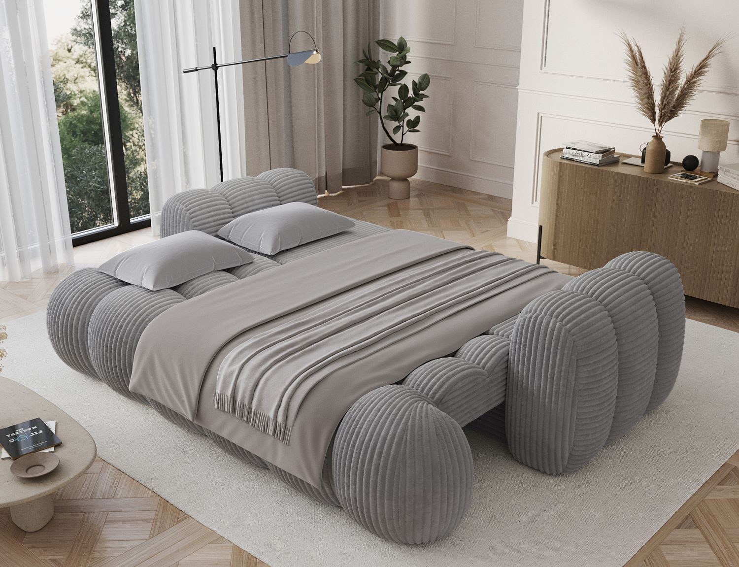 Lukas Möbel Schlafsofa Sofa Kitty mit Bettkasten in Bubble-Design, Schlafsofa mit Bettkasten, sechs Zierkissen und in Bubble-Look