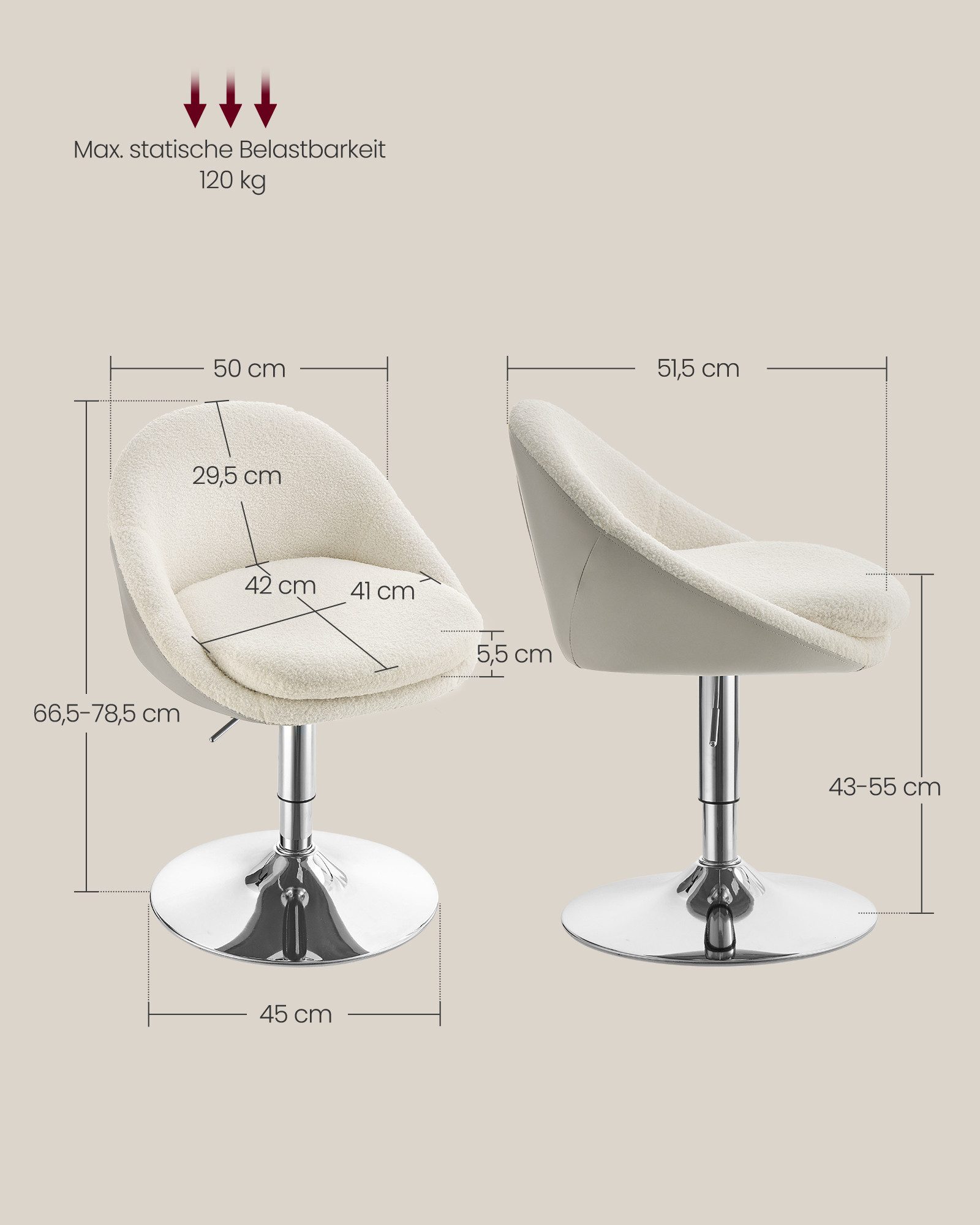 VASAGLE Barhocker (1 St), Stuhl verstellbar, Schminkstuhl, Bürostuhl, drehbar, Barhocker