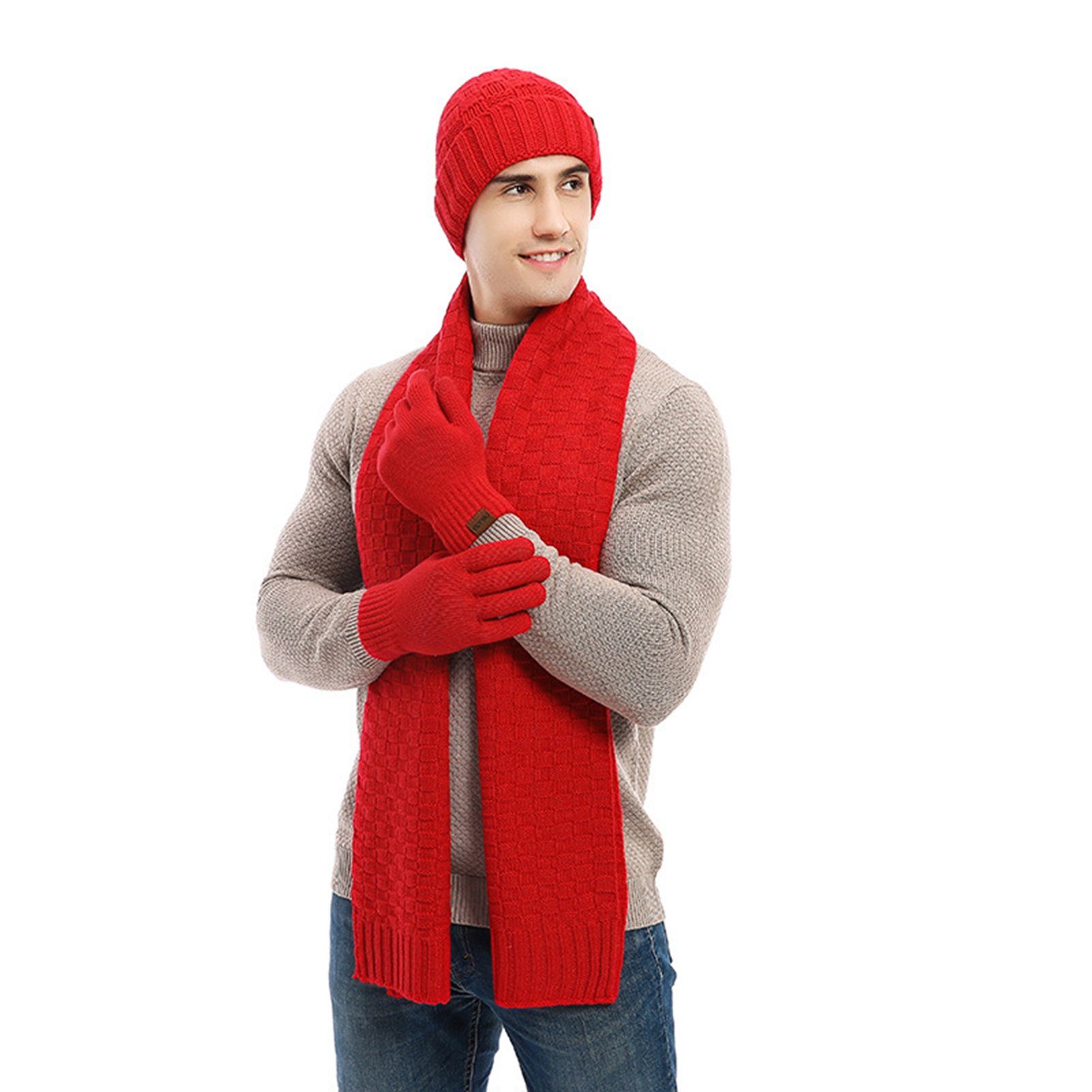 Fleece-Set (Dreiteiliges, Warm Handschuhe Herren Winter Mütze für Rot Set warmes und für den kältebeständiges, Außenbereich) Schal Rutaqian Strickmütze Damen und