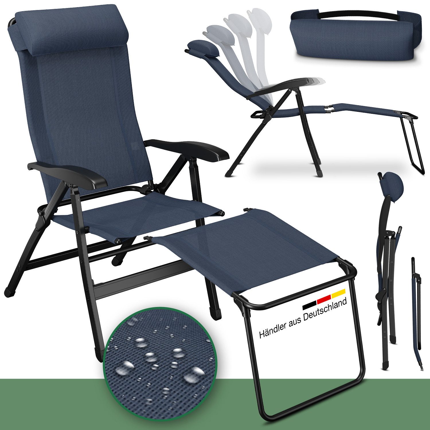 ELONEO Gartenstuhl Campingstuhl mit Liegefunktion, 6-fach verstellbare Rückenlehne, UV- und witterungsbeständig, Strandliege klappbar tragbar, Strandstuhl