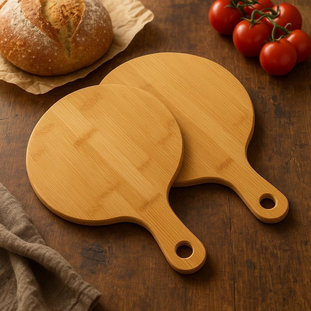 hausleben Pizzateller Bambus Pizzateller für Pizza, Flammkuchen und Antipasti, (2 St), 25,5 cm mit Griff, rundes Pizzabrett Schneidebrett Servierbrett – Bild 4 von 5