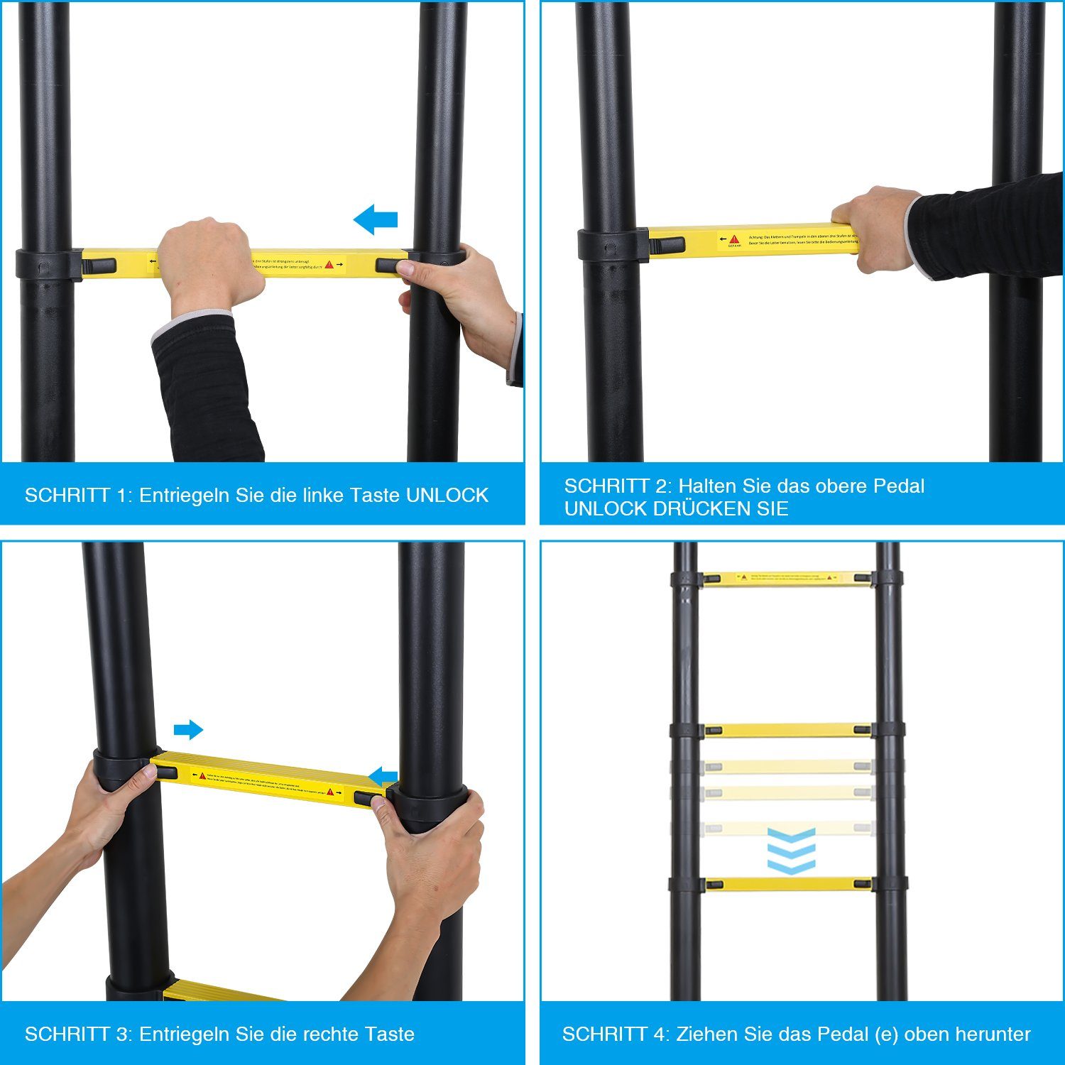 Clanmacy Teleskopleiter Teleskopleiter mit haken Alu 3,2m Gelb Schwarz Ausziehleiter bis 150kg