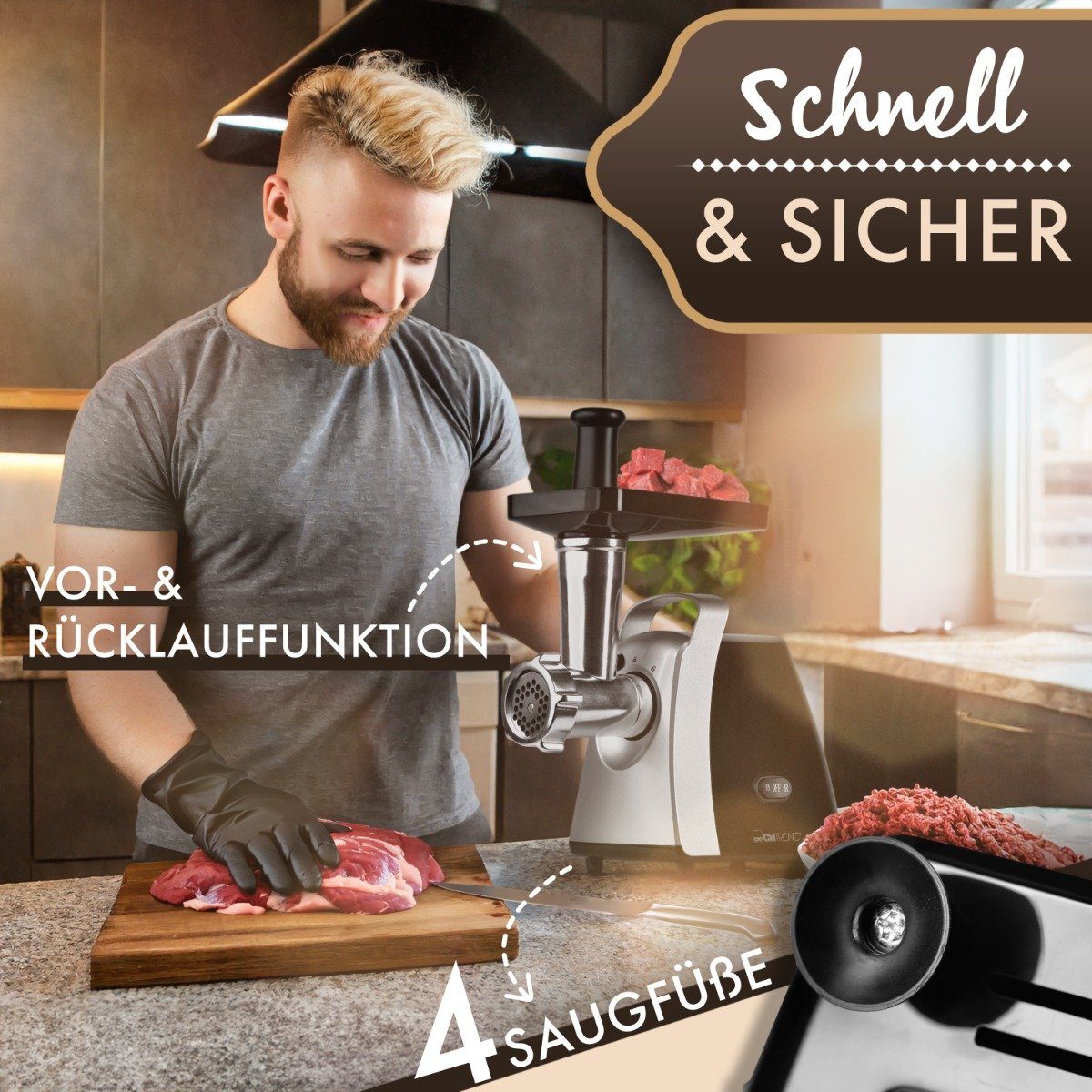 CLATRONIC Fleischwolf FW 3803, mit 3 Lochscheiben, Vor- und Rücklauffunktion