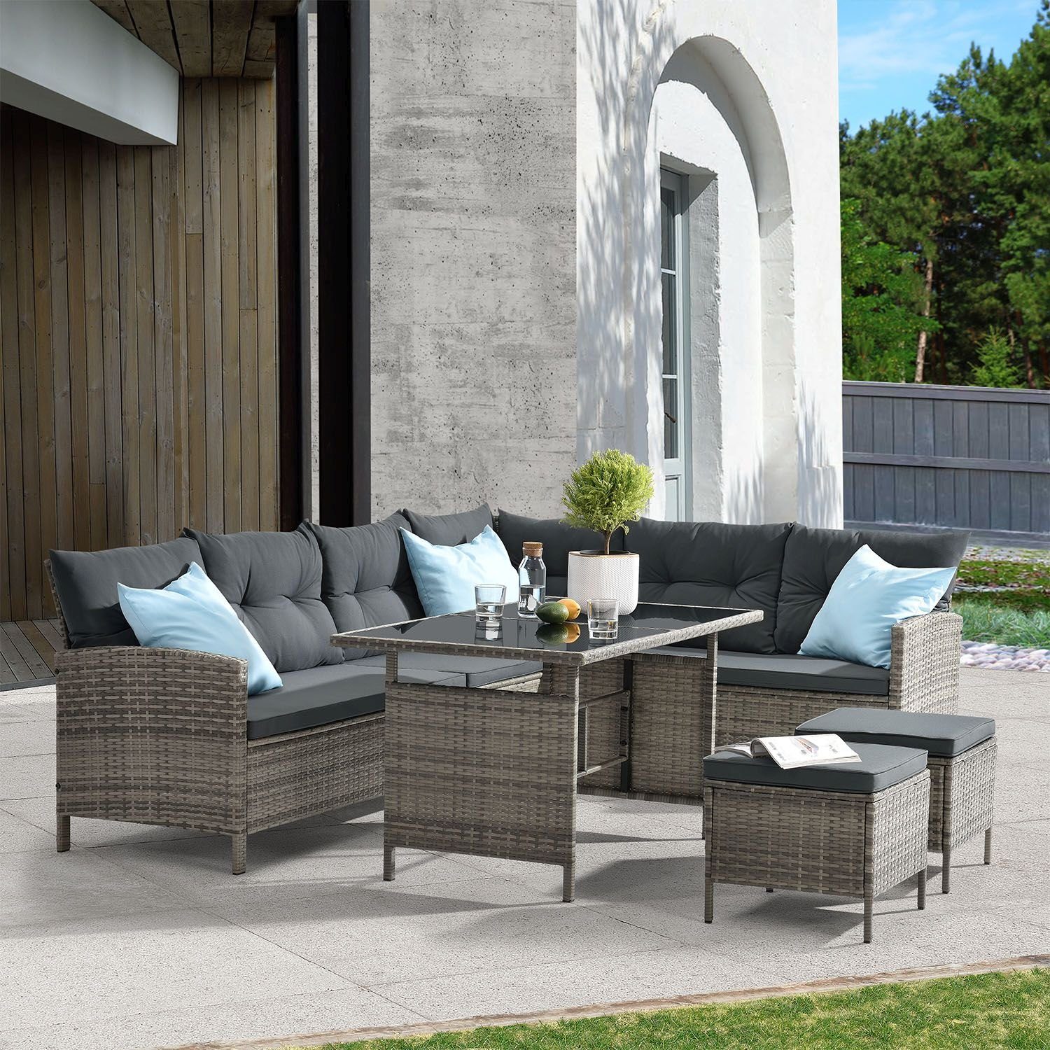 Manacor, Garten-Sofa, Juskys Gartenmöbel-Set Gartenlounge-Set mit Polyrattan 2 und (Gartenlounge), Garten-Tisch Hocker