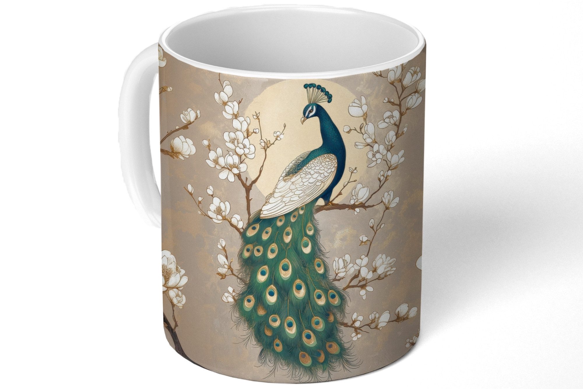 MuchoWow Tasse Pfau - Zweig - Blumen, 1-tlg., Keramik, Kaffeetassen, Teetasse, Becher, Kaffeebecher, Geschenk
