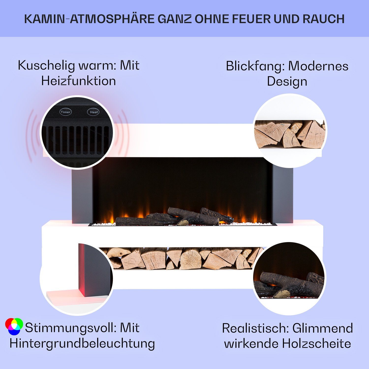 elektrischer elektrischer & Heizlüfter Kamin Elektrokamin Light mit Studio Klarstein Heizfunktion Fire, Kaminofen