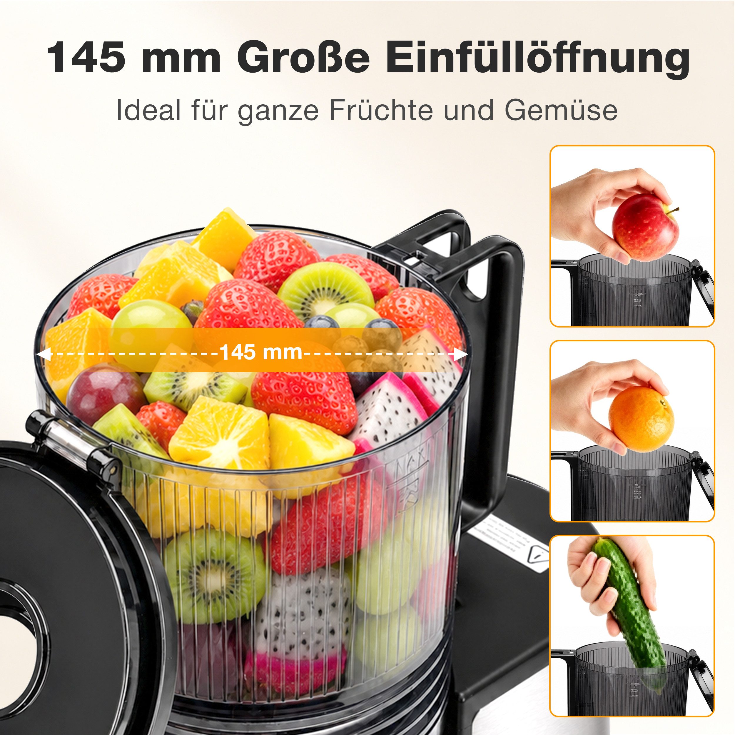 Sinaopus Slow Juicer Große 145-mm-Einfüllöffnung für ganze Früchte und Gemüse, 250 W, Feinfilterung, getrennte Auslässe und komfortabler Rückwärtslauf – Bild 5 von 5