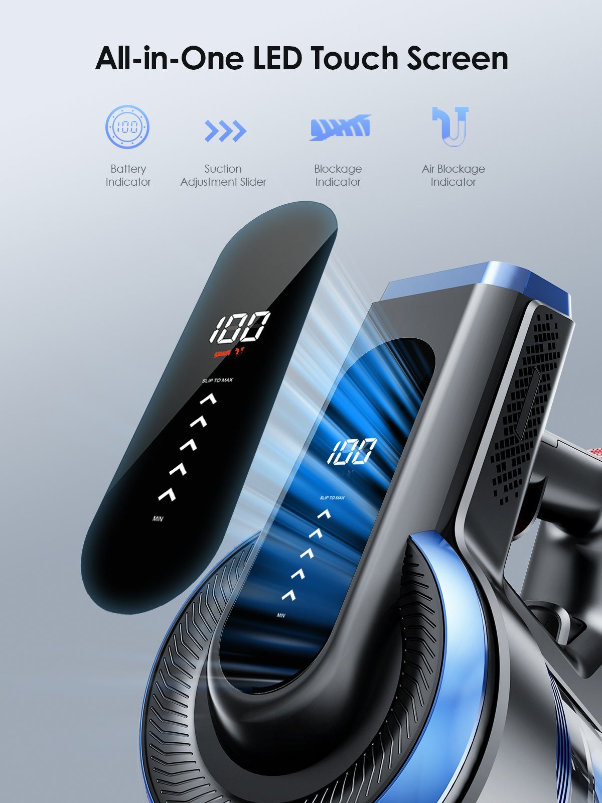 Blau Staubsauger Touchscreen, Anti-Tangle-Staubsauger, Akku Akku-Hand-und Honiture 400W/33KPA 1.2L Kantenreinigung, Stielstaubsauger,