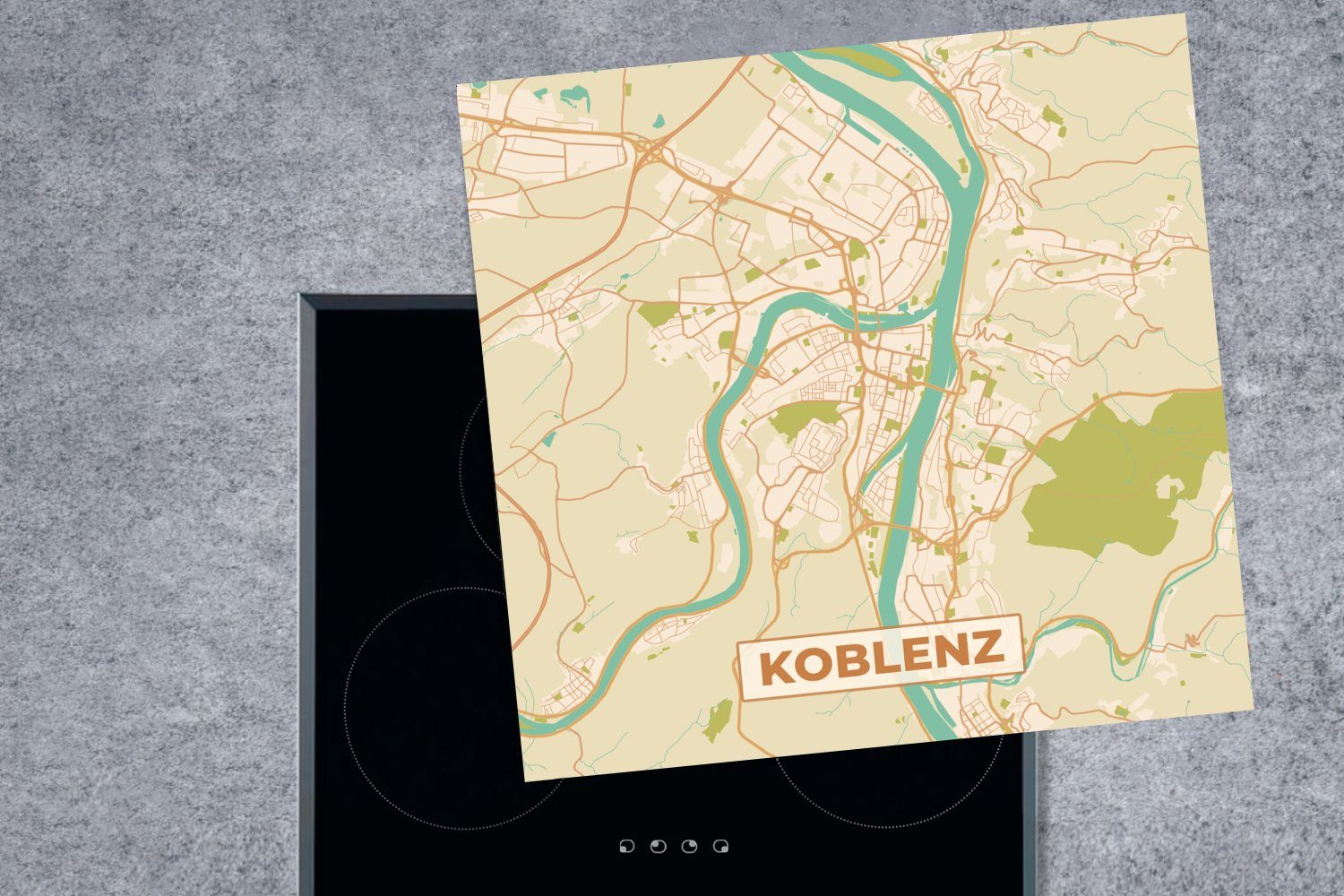 Vinyl, Herdblende-/Abdeckplatte 78x78 - Karte Ceranfeldabdeckung, Arbeitsplatte Koblenz - - für cm, küche tlg), (1 Stadtplan, Jahrgang MuchoWow