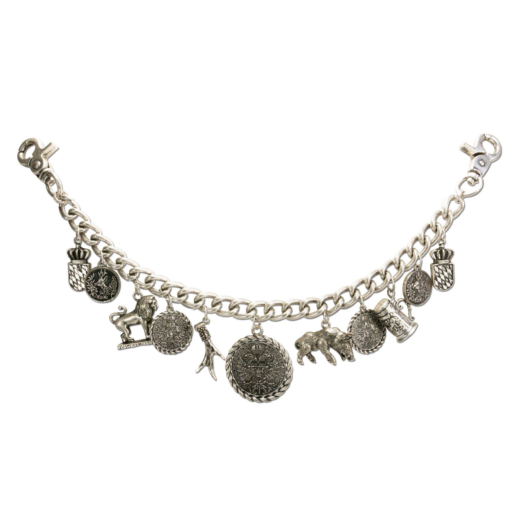Alpenflüstern Kette mit Anhänger Trachten-Charivari Otto (antik-silber-farben), - Hochwertiger Herren-Trachtenschmuck mit Trophäen-Anhängern für die L