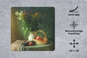 MuchoWow Gaming Mauspad Stilleben - Blumen - Apfel - Korb - Tisch - Malerei (1-St), Mousepad mit Rutschfester Unterseite, Gaming, 40x40 cm, XXL, Großes
