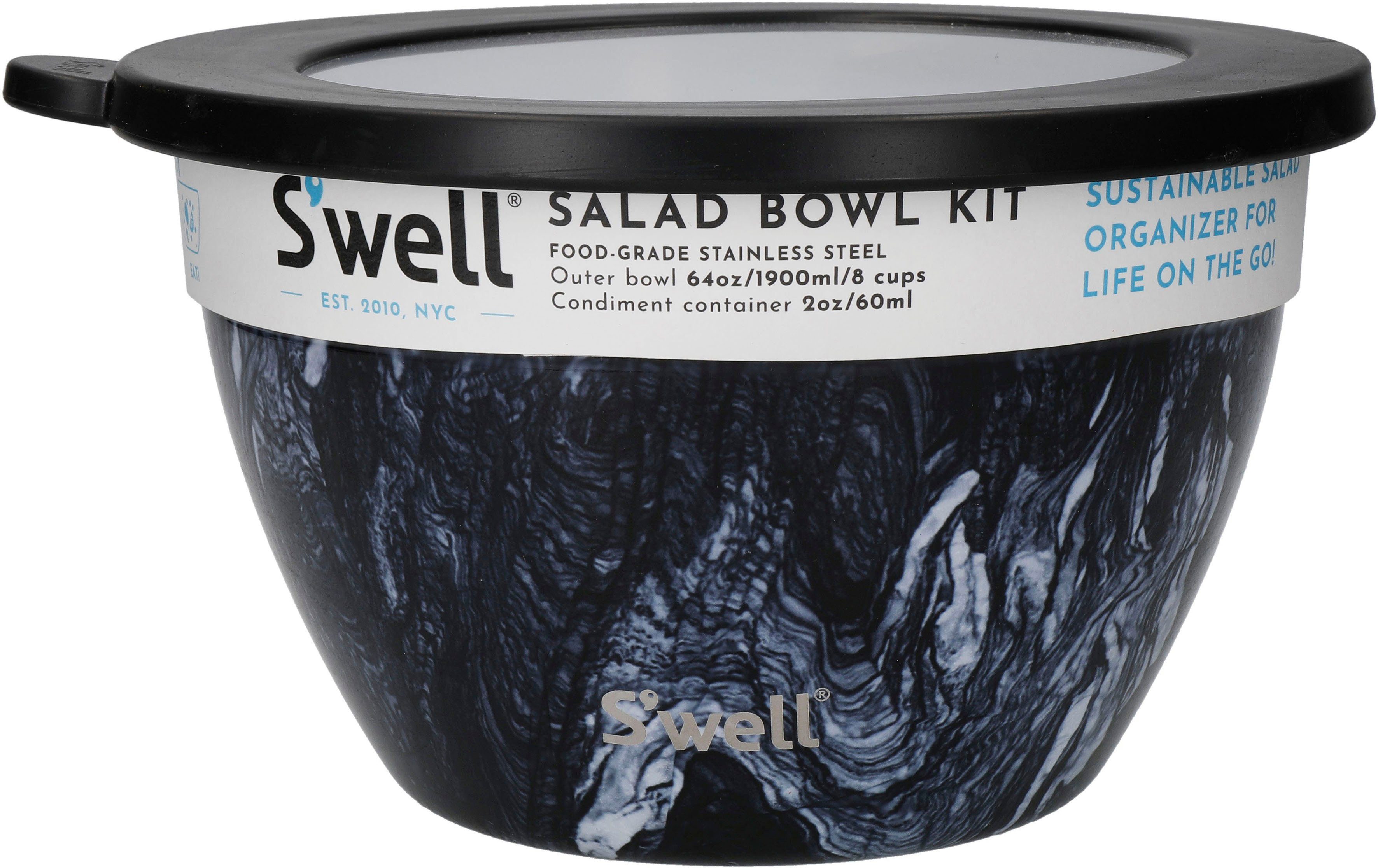 S'well Therma-S'well®-Technologie, Salatschüssel Onyx (3-tlg), Azurit-Marmor vakuumisolierten S'well Kit, Außenschale Salad Bowl Edelstahl, 1.9L,