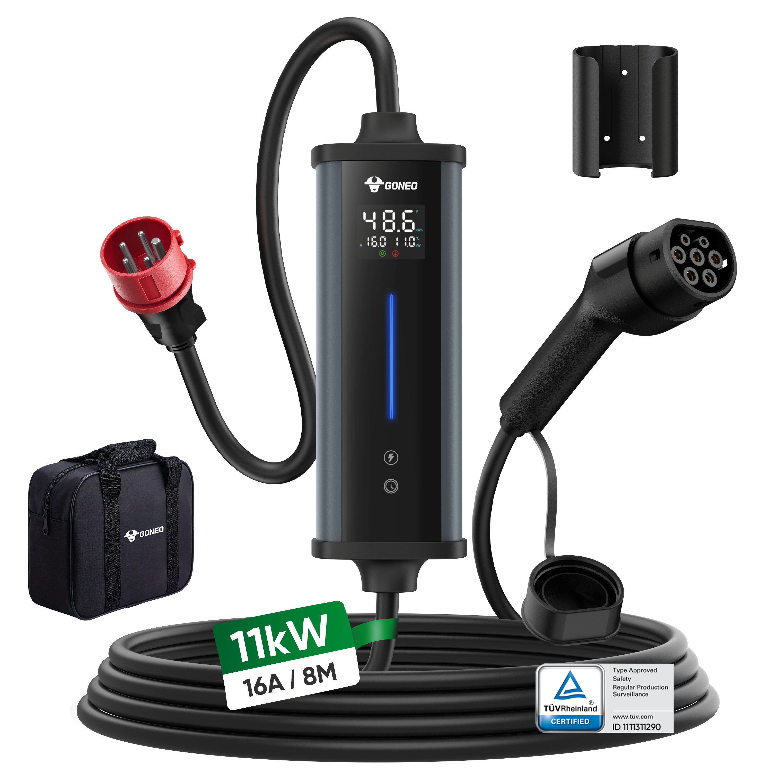 GONEO Elektroauto-Ladestation Typ 2 Ladekabel mit CEE Stecker, Mobile Wallbox, mobil 11kW / 16A, 3-phasig, Mit Fehlerstromschutz Temperaturüberwachung, Einstellbare Ladeleistung & Timer